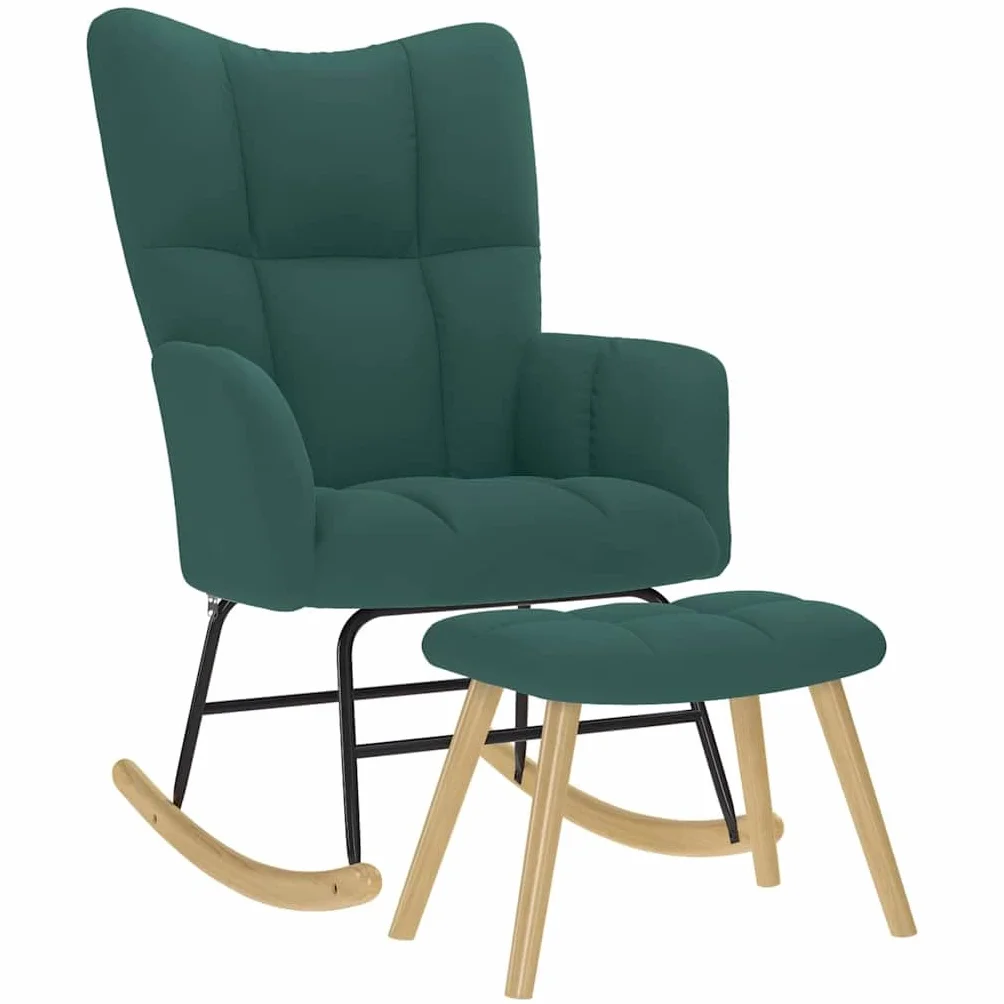 Fotel bujany z podnóżkiem, ciemnozielony materiał, tapicerowany podłokietnikiem i oparciem, ergonomiczny, drewniana rama, do salonu, na balkon, do pokoju dziecięcego, relaksu, czytania