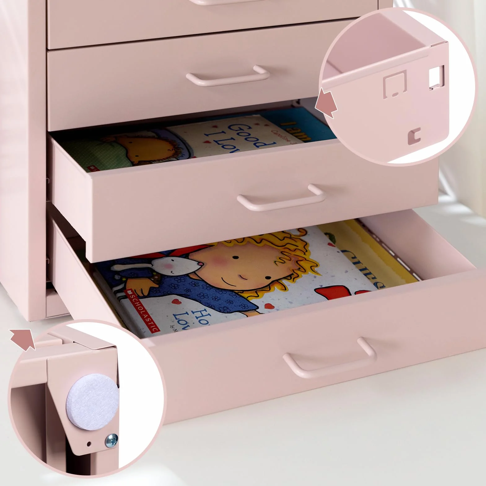 HollyHOME Szafka na dokumenty z 4 szufladami, organizer, pionowe szafki na dokumenty o rozmiarze A4, metalowa szuflada do przechowywania do domowego biura, do samodzielnego montażu, jasnoróżowa