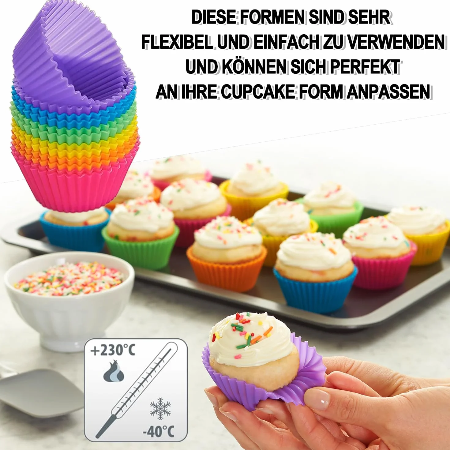12 Silikonowych Foremek do Muffinek, OkrąGłE, Wielokrotnego UżYtku Z Silikonu, Z PowłOką ZapobiegająCą Przywieraniu, Foremki do Pieczenia Babeczek, Muffinek, do Ciast, KremóW I Puddingu, Wielokolorowe