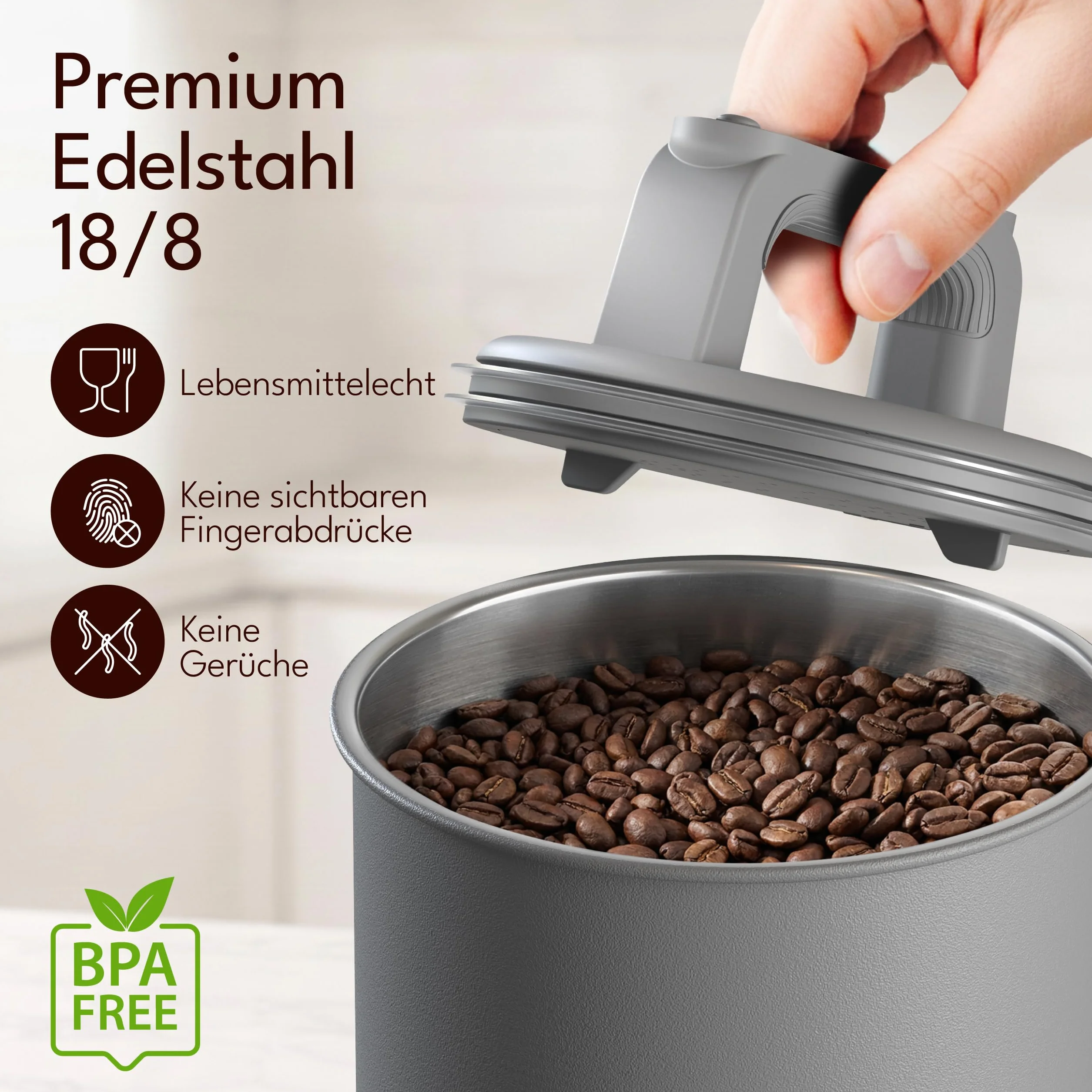 KC Kitchen & Co. Hermetyczna puszka na kawę na 1 kg ziaren kawy – puszka ze stali nierdzewnej z pokrywką próżniową i zamknięciem aromatycznym – puszka do przechowywania kawy, herbaty, cukru, musli