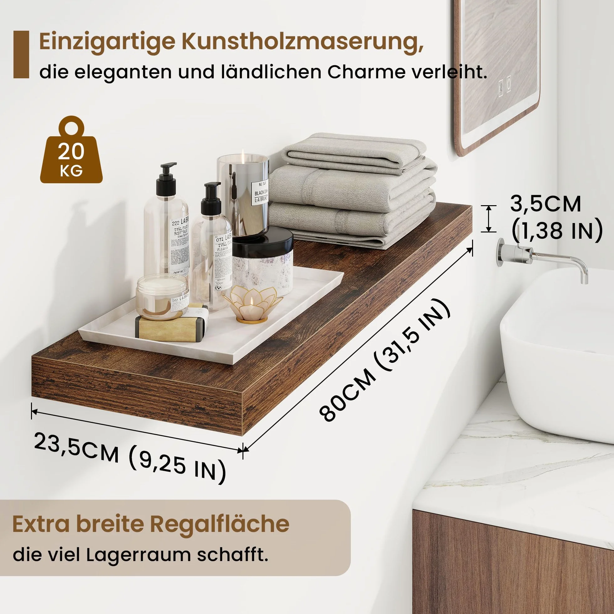 Pływające regały ścienne 80 cm, głębokość 23,5 cm, regały ścienne o szerokości 80 cm, rustykalne regały na książki, duże regały do prezentacji i przechowywania do sypialni i salonu, zestaw 2 szt