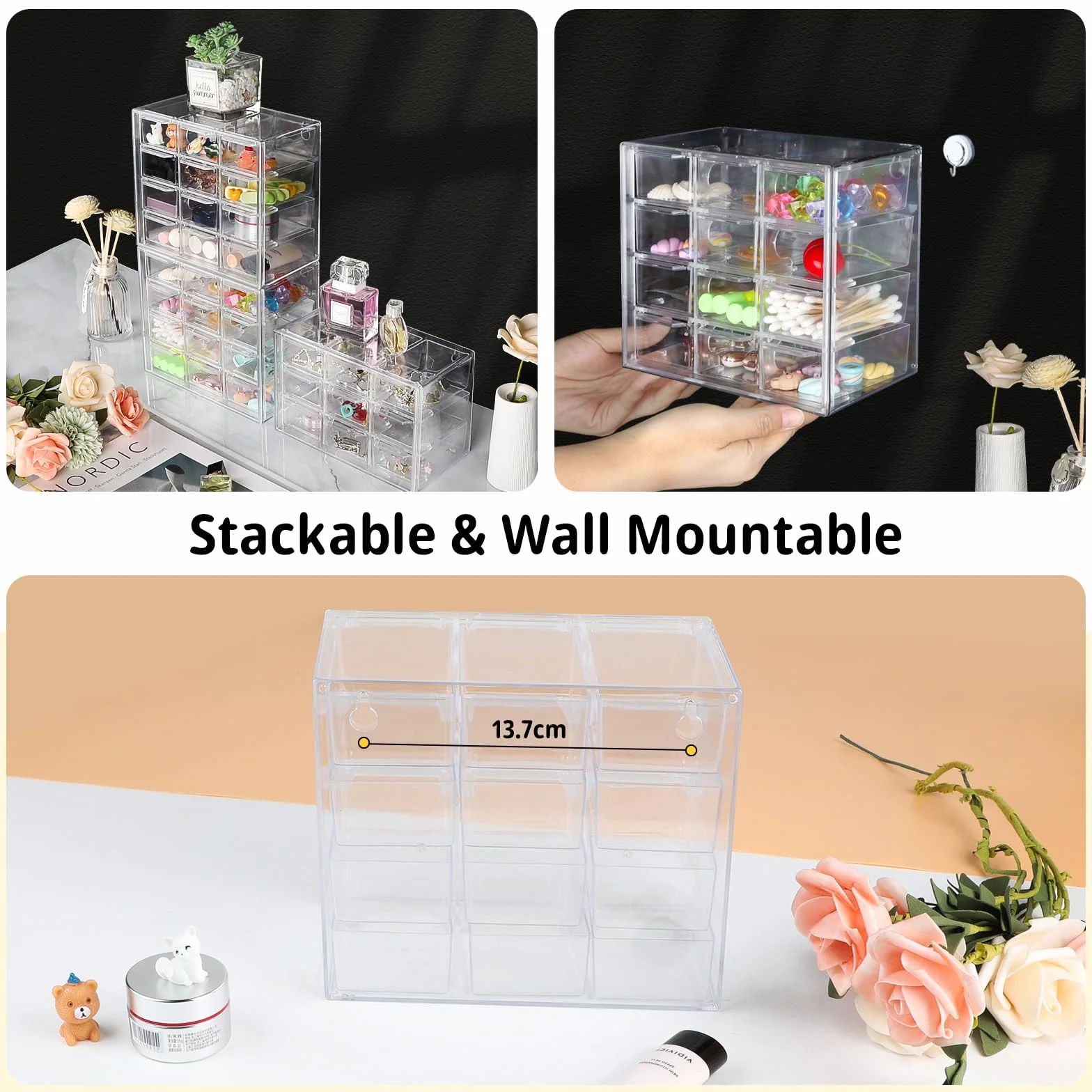 2 szt. Przezroczysty mini organizer szuflad małe szuflady do przechowywania do układania w stosy pudełko do przechowywania na biurko do makijażu, biżuteria, materiały biurowe i rzemieślnicze