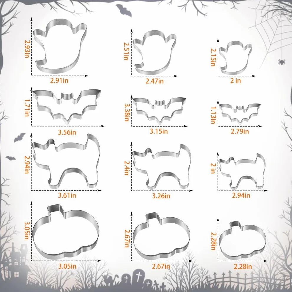 Zestaw foremek do ciastek na Halloween, 12 sztuk foremek do ciastek ze stali nierdzewnej, kształty, dynia, duch, nietoperz i kot, do dekoracji na Halloween, jedzenie, przyjęcie