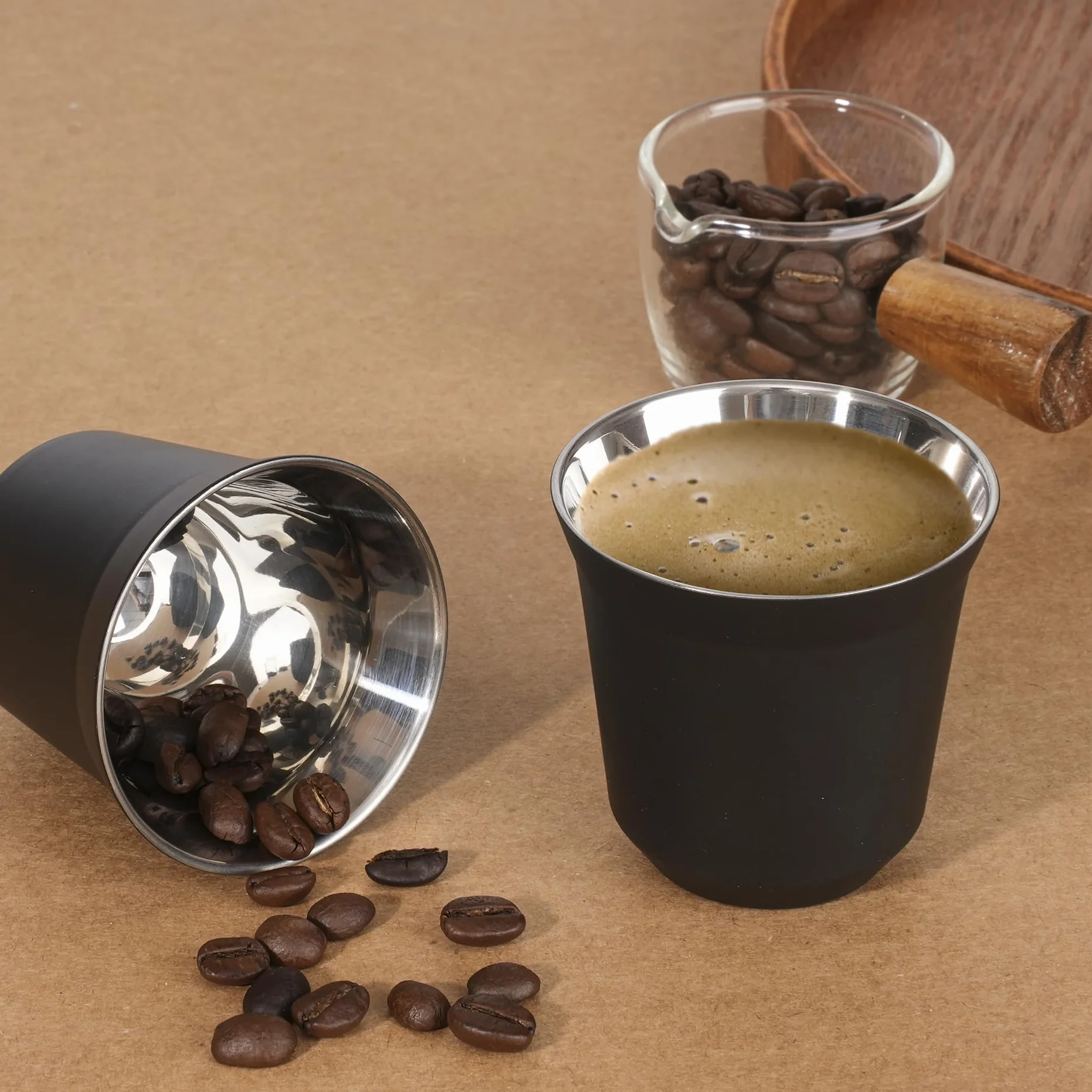 RECAPS 80ml Zestaw filiżanek do espresso ze stali nierdzewnej - 2-pak kubeczki demitase ze stali nierdzewnej 304 z podwójną ścianą 200ml Czarny