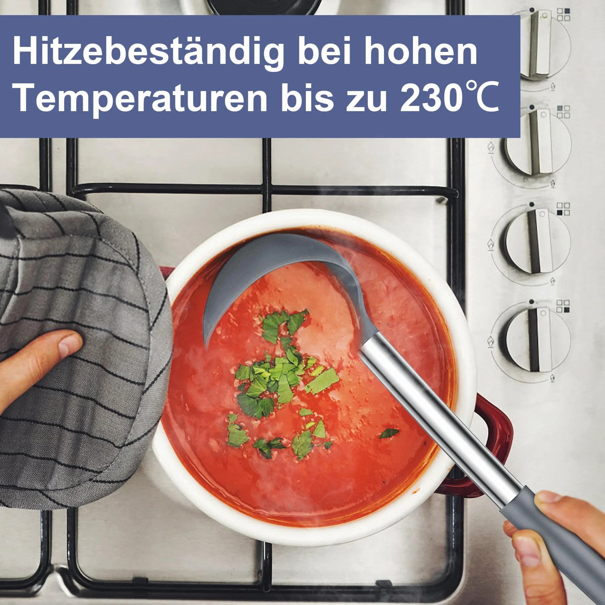 Herogo Chochle zestaw 2 silikonowych chochli do zupy, chochle 31 cm z uchwytem ze stali nierdzewnej, duża łyżeczka do serwowania zup, odporność na wysokie temperatury i nieprzywierająca, łatwa do