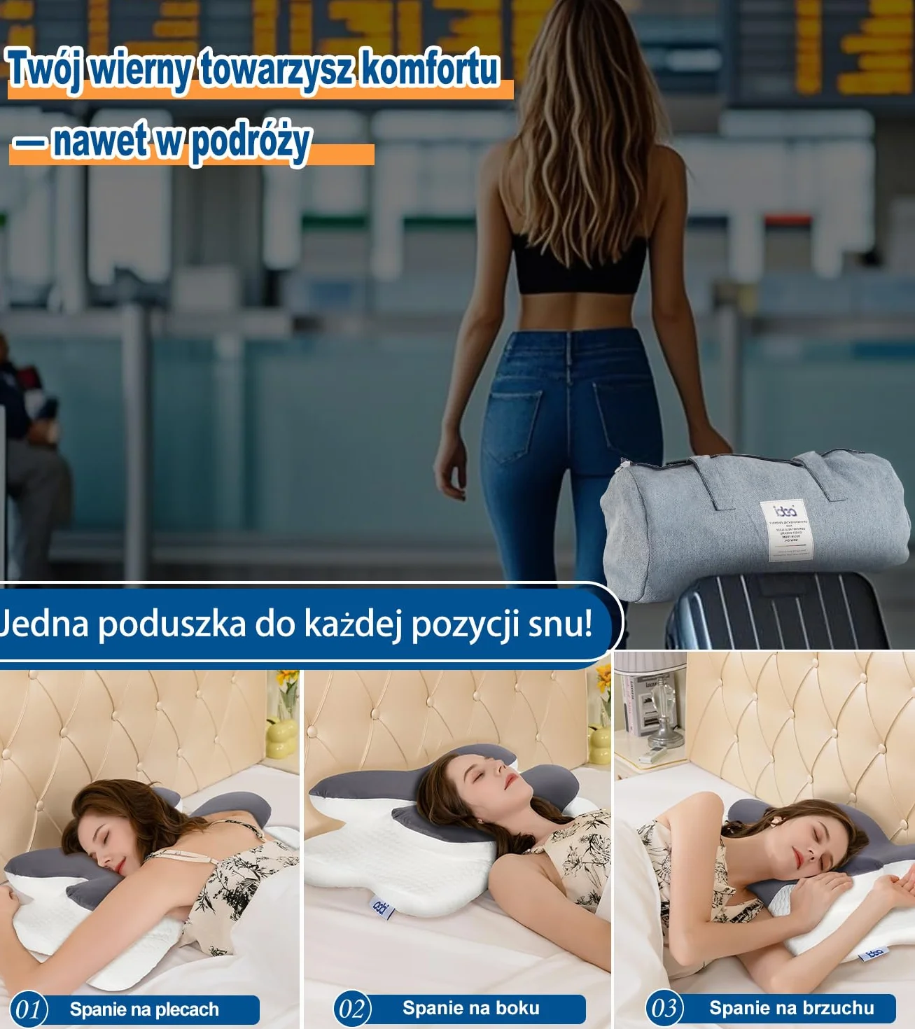 Poduszka Ortopedyczna do Spania, Poduszka pod Kark, Ergonomiczna Poduszka z pianki z Pamięcią Kształtu, Poduszka Podróżna, Szyjna z Pianki Memory dla osób śpiących na plecach, na boku i na brzuchu