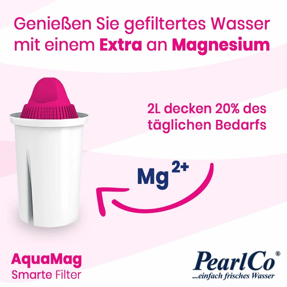 PearlCo - Szklany filtr do wody (czerwony) z 6 wkładami filtrującymi magnez Classic + 1 butelka do picia ze szkła