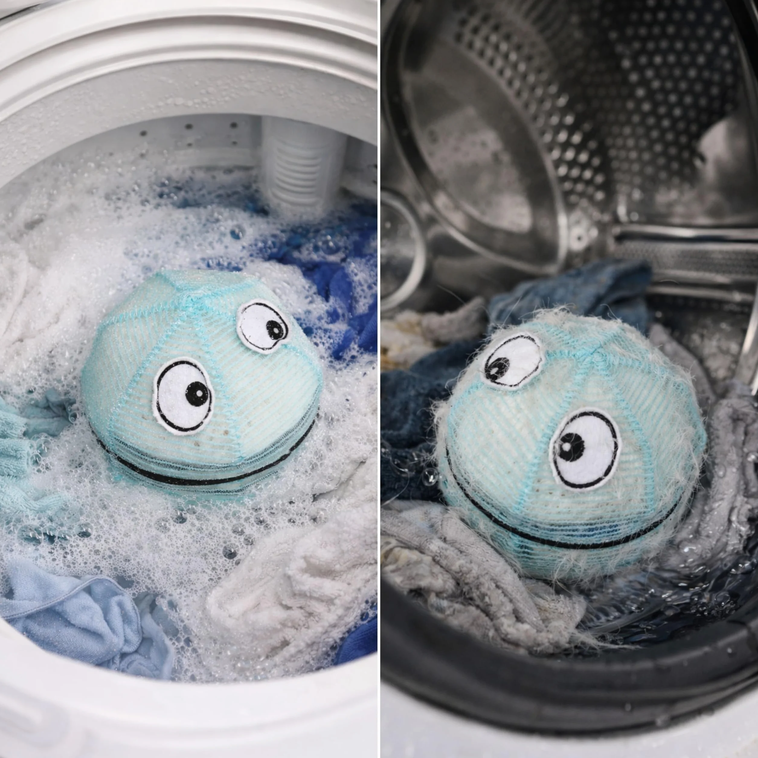 WASHMONSTER łapacz do włosów do pralki, suszarki do prania, 1 zestaw, niebieski, filtr do włosów zwierzęcych, ludzkich włosów, sito kłaczków, Ø 106 mm, piłka do prania z perłami do prania, kulka do