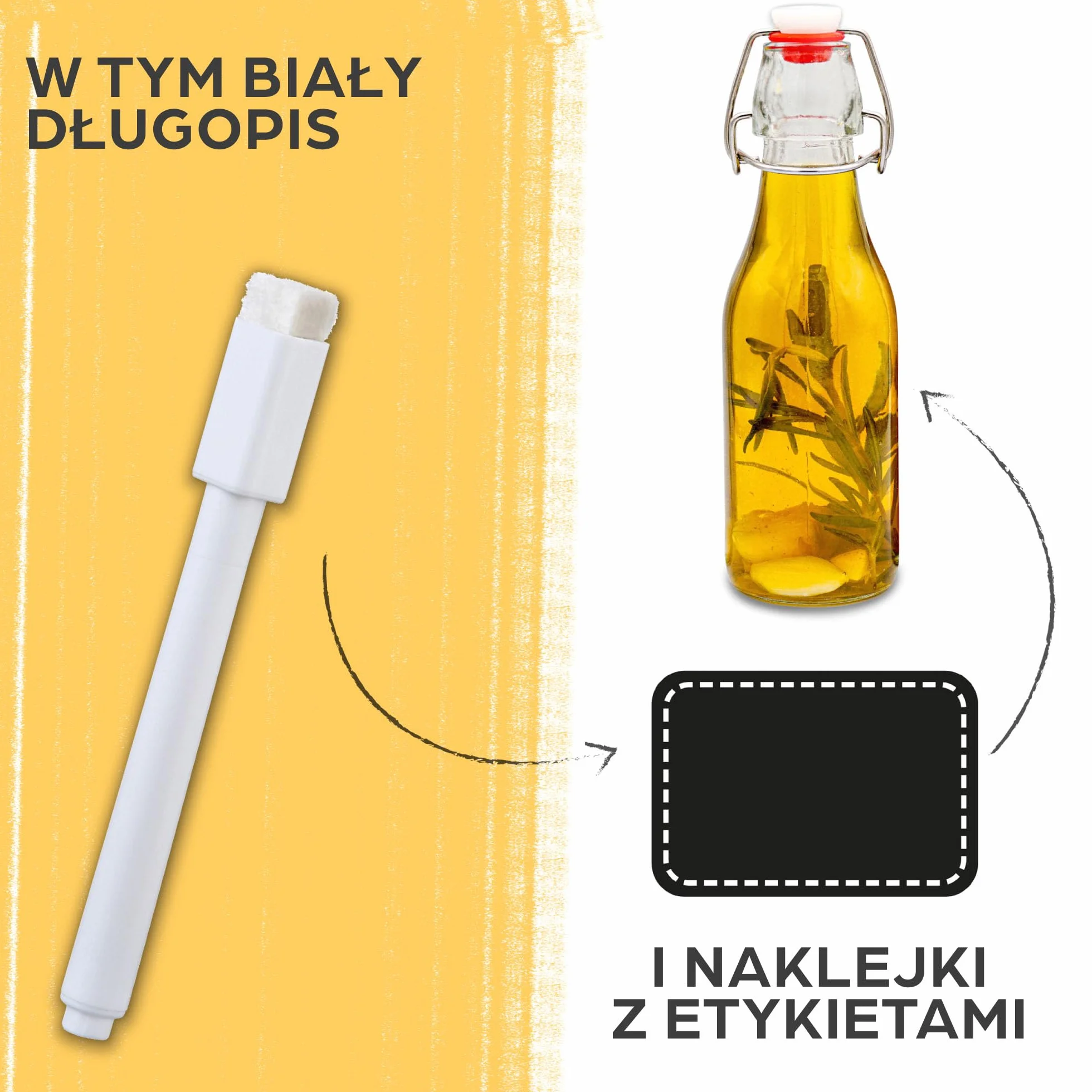 6 szklanych butelek z zamknięciem pałąkowym 250 ml – 6 dodatkowych uszczelek w zestawie 12 etykiet z pisakiem