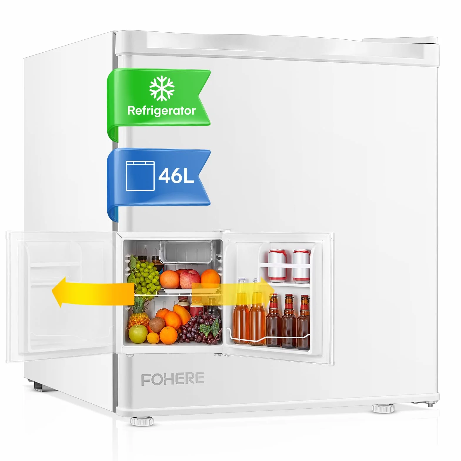 Mini lodówka FOHERE 46 l z komorą na lód | Chłodziarka do napojów | Kontrola temperatury, energooszczędna, cicha | Mała lodówka idealna do kuchni, biura, sypialni | Odwracalne zawiasy drzwi | Biała
