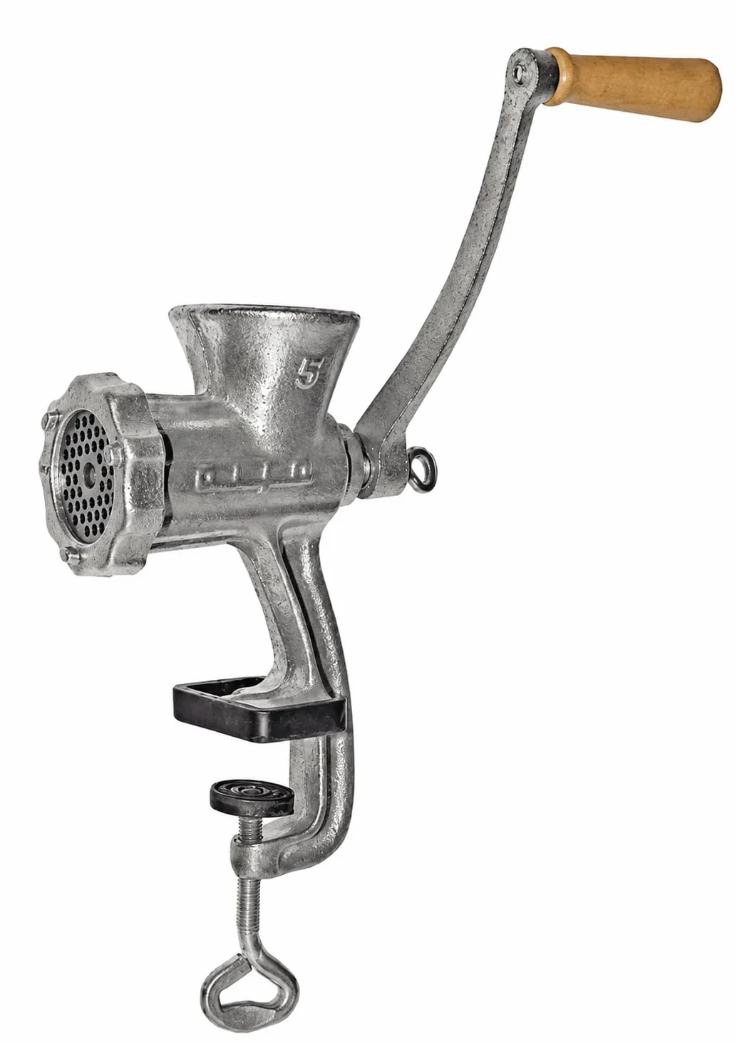made in home - Maszynka do mięsa rozmiar 5 – ręczna maszynka do mięsa z żeliwa – z tarczą perforowaną 3 mm – wytrzymały ręczny wilk do mięsa, maku, orzechów, nasion i ziół – zacisk stołowy