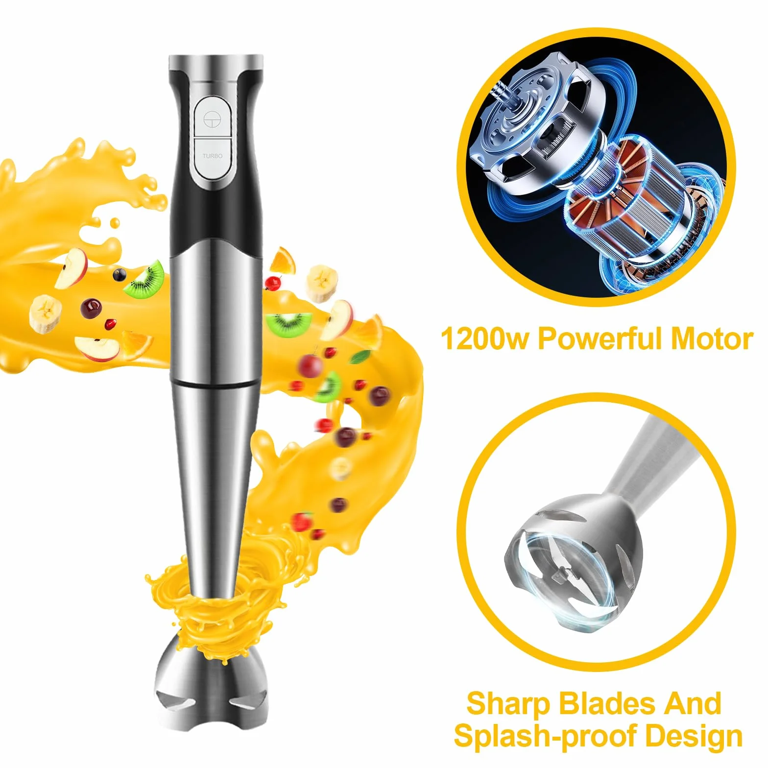 6 w 1 Blender Ręczny 1200W Regulowana Prędkość Blender Zanurzeniowy z Ostrzami ze Stali Nierdzewnej, Odporny na Zachlapania, Blender Elektryczny do Mięsa, Warzyw i Śmietany itp
