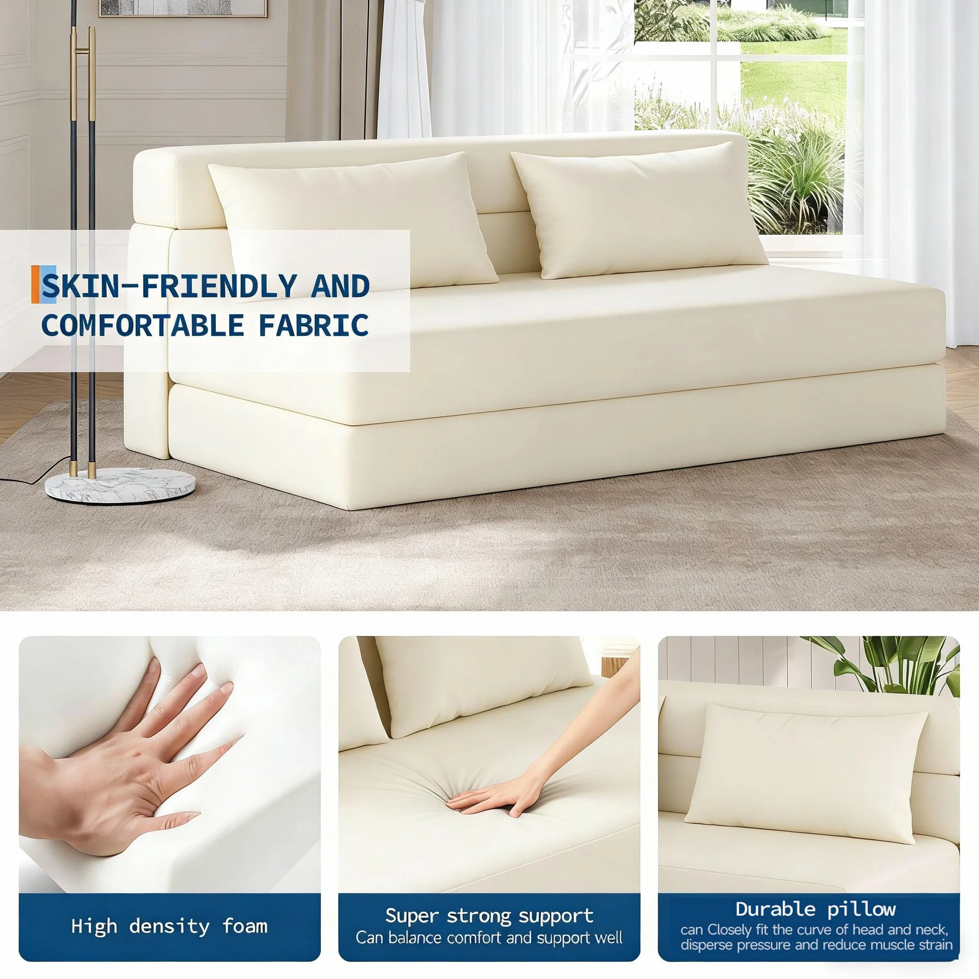 Dwuosobowa sofa rozkładana z prążkowanego aksamitu, 2 w 1 rozkładany fotel z 2 poduszkami, zdejmowany pokrowiec, 2-osobowa leniwa / podgrzewana sofa do sypialni, salonu (200 x 150 x 15 cm, beżowy)
