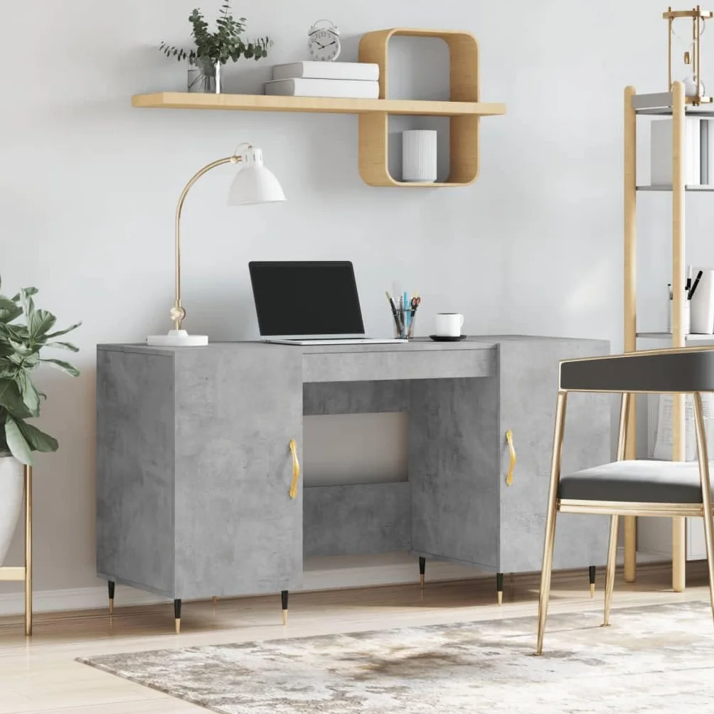 Biurko betonowe, szare, 140 x 50 x 75 cm, materiał drewnopochodny z 4 półkami i drzwiami, stabilny stół biurowy do domu, biura, gabinetu, pokoju młodzieżowego, z regałem, półką i zarządzaniem