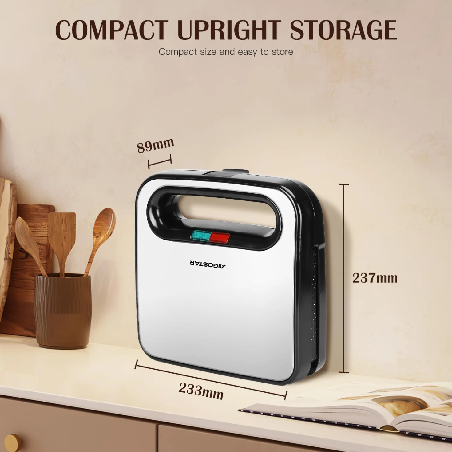Aigostar - Opiekacz do kanapek, powłoka ceramiczna nieprzywierająca, automatyczna regulacja temperatury 180-200℃, wskaźniki świetlne, uchwyt zimny w dotyku, przechowywanie pionowe, 750W, Lamo Pro