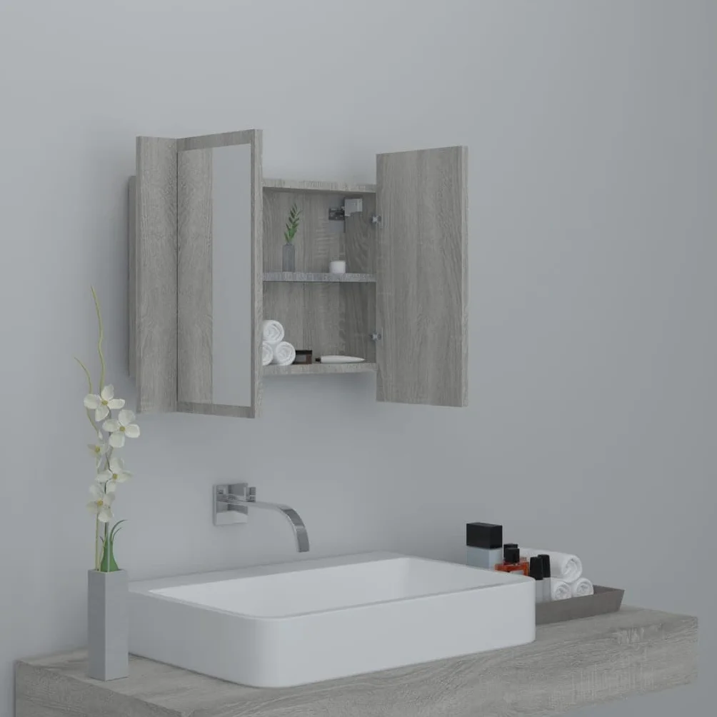 vidaXL Szafka łazienkowa z lustrem, szary dąb sonoma, 60x12x45 cm, szafka z LED, szafka LED, szafka z podświetleniem, szafki z LED, szafki LED