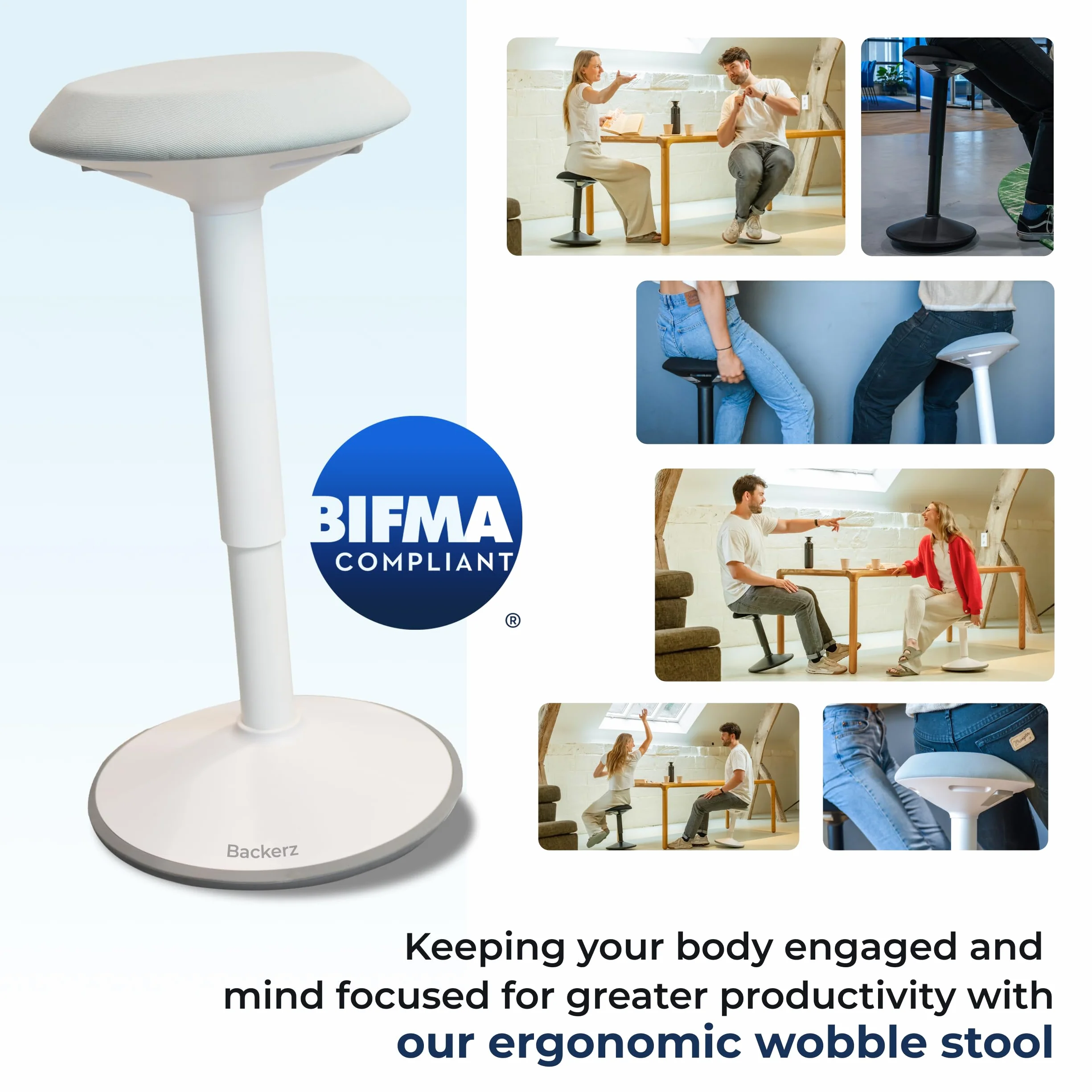 Backerz Ergonomiczny stołek biurowy – regulowana wysokość, stolnik drżący 40-60 cm – aktywne krzesło biurowe do stania z antypoślizgową podstawą do aktywnego przechyłu – biały