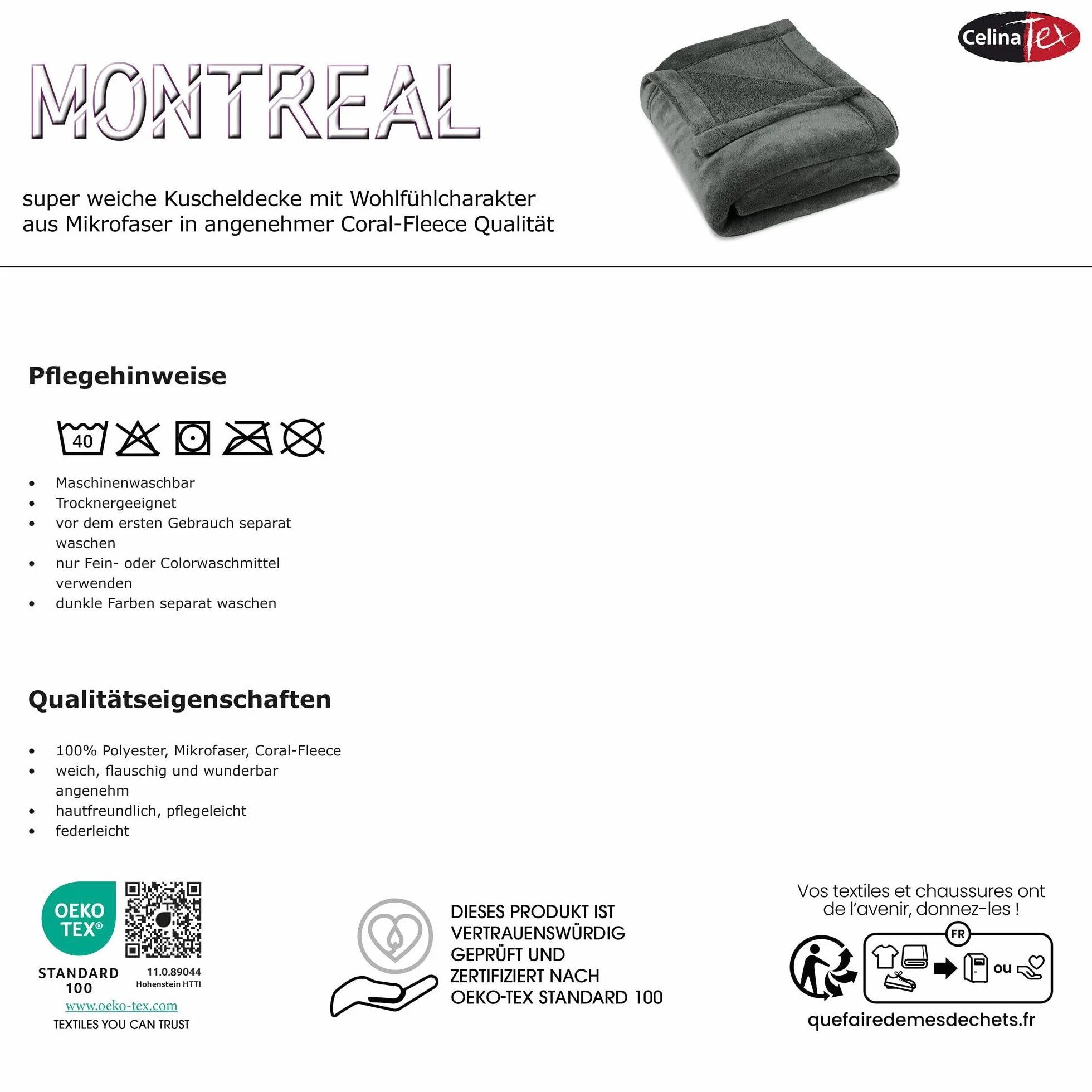 CelinaTex koc puszysty 150 x 200 cm srebrnoszary kocyk sofa ciepły koc miękki polar z mikrofibry OEKO-TEX Montreal