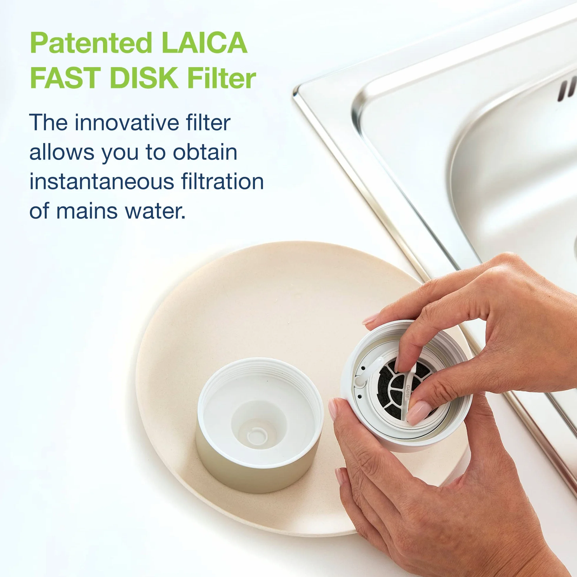 Laica Filtr Fast Disk do butelki z filtrem, opatentowany z węglem aktywnym, 100% Made in Italy, natychmiastowa filtracja, żywotność 1 miesiąc/120 l, 6 sztuk