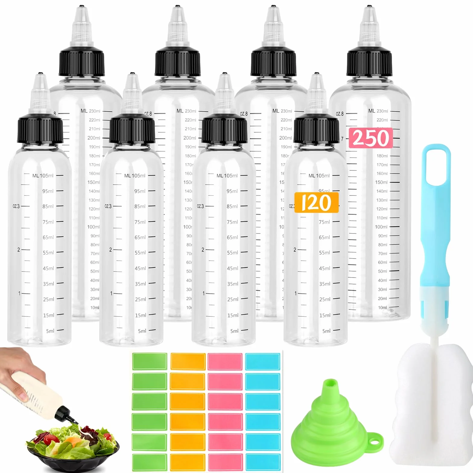 Butelka do wyciskania, 8 plastikowych butelek do wyciskania, 120 ml/250 ml, butelka dozująca z końcówką i skalą, butelka na sos z lejkami, do malowania, pieczenia, keczupu