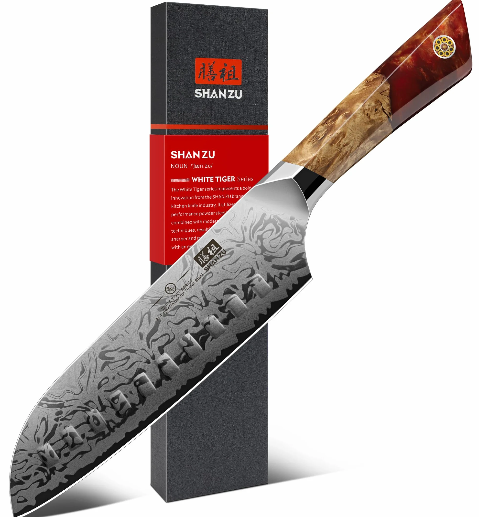 SHAN ZU Damascus Santoku-mes, 18 cm Japans keukenmes, gemaakt van 91 lagen damaststaal en SG2-poederstaal, handgesmeed professioneel koksmes, ergonomisch handvat van esdoornhout - White Tiger-serie