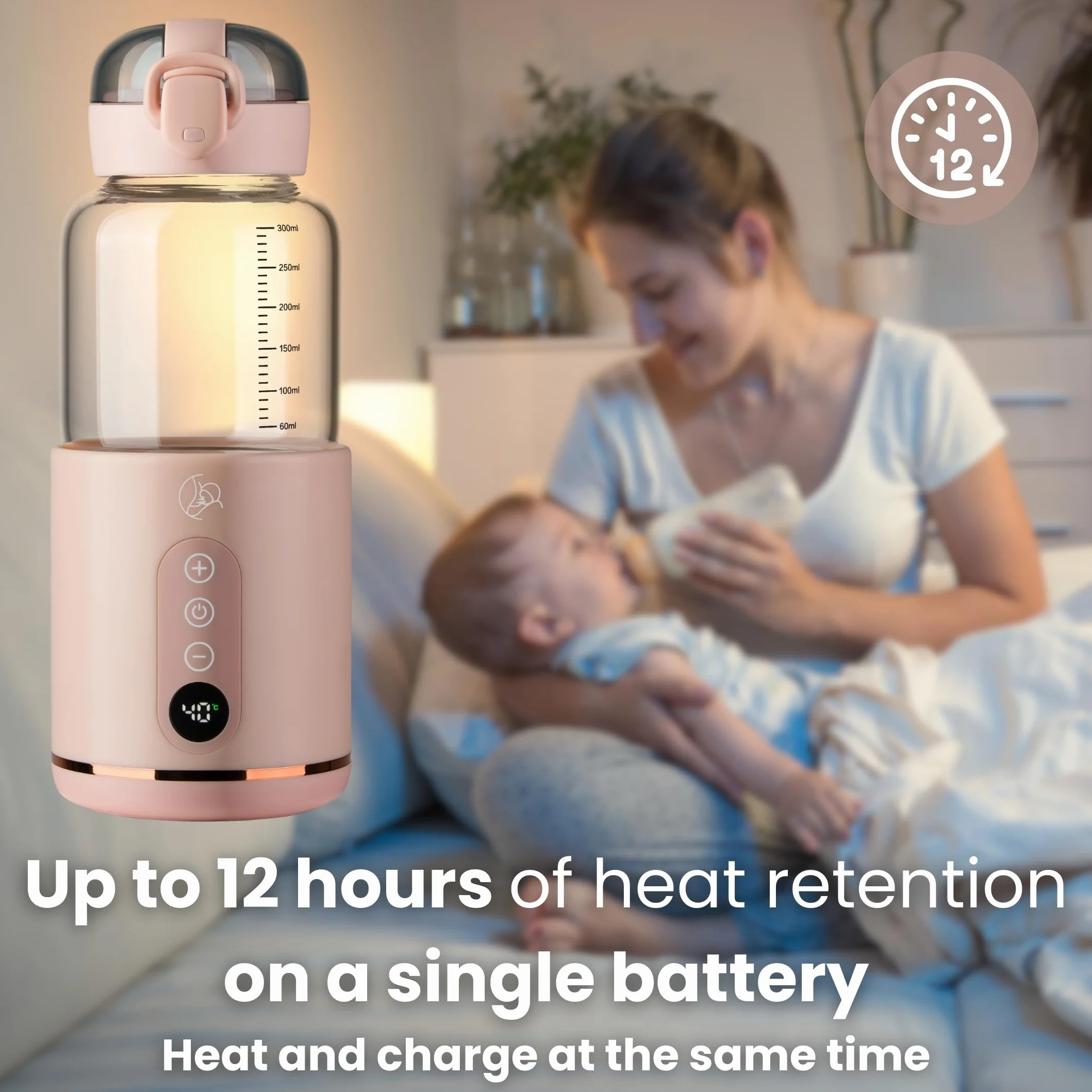 Bezprzewodowy podgrzewacz do butelek MyBabyBottle, mleka modyfikowanego, mleka matki, szybkie podgrzewanie w ciągu 8 minut, butelka dla niemowląt do podróży, samochodu, samolotu (Różowy)