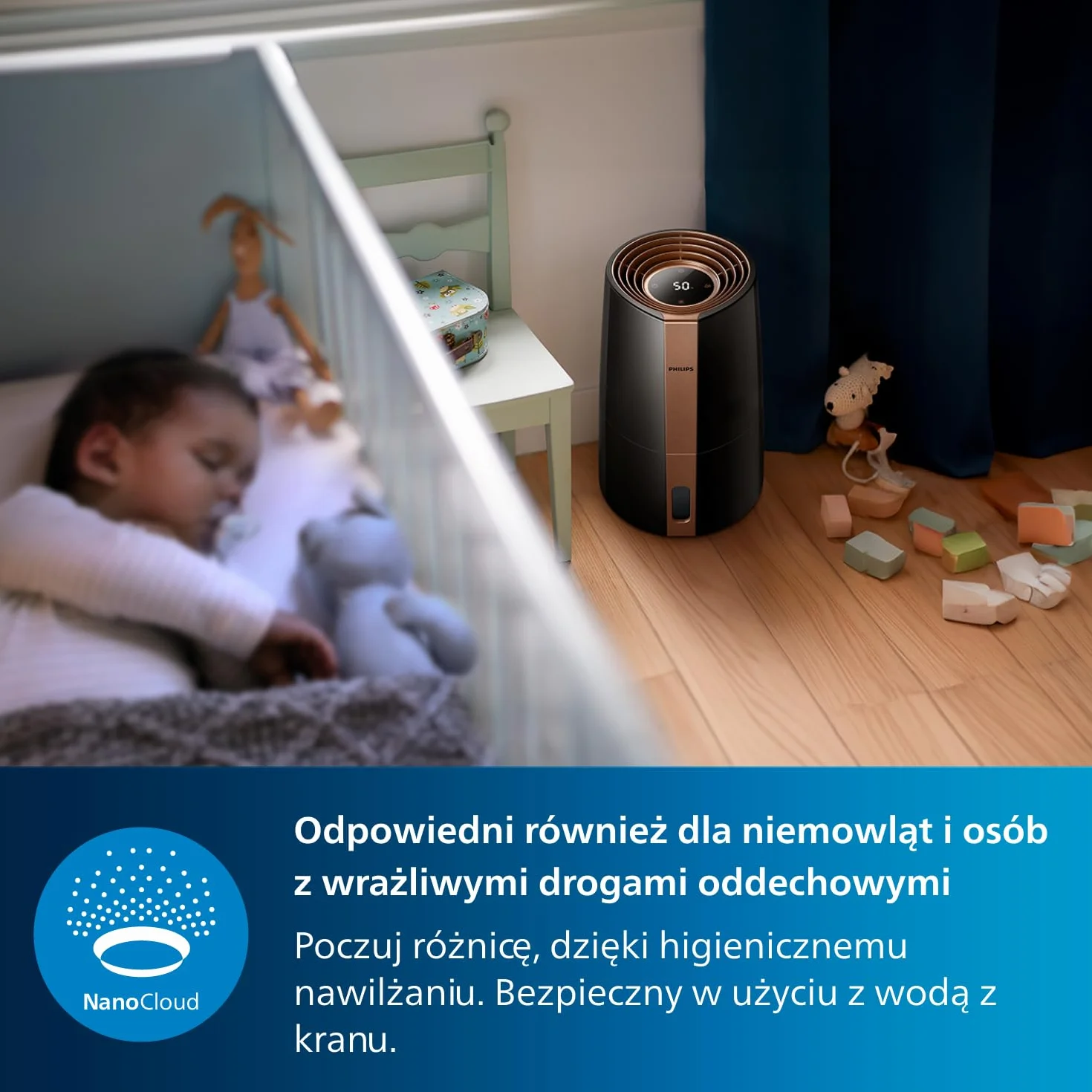 Philips Nawilżacz ewaporacyjny Serii 3000, 45 m², 99,97% mniej bakterii z NanoCloud, 300 ml/h, 3 prędkości, tryb nocny, ultracichy (33 dB), czujnik wilgotności, timer, zbiornik 3L, czarny (HU3918/10)
