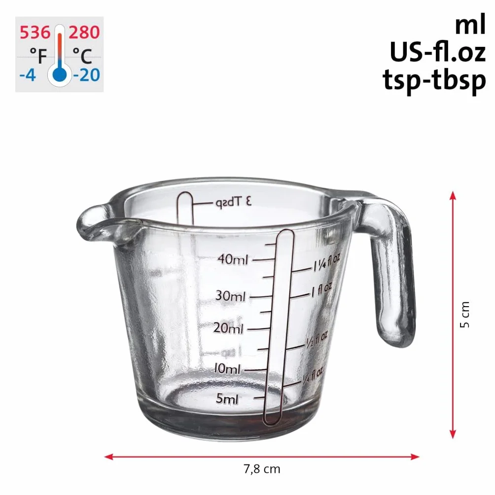 Westmark 305522E3 2 mini szklanki z miarką, 40 ml, 4 różne skale, nadają się do piekarnika, kuchenki mikrofalowej i zamrażarki, kolor przezroczysty/czarny
