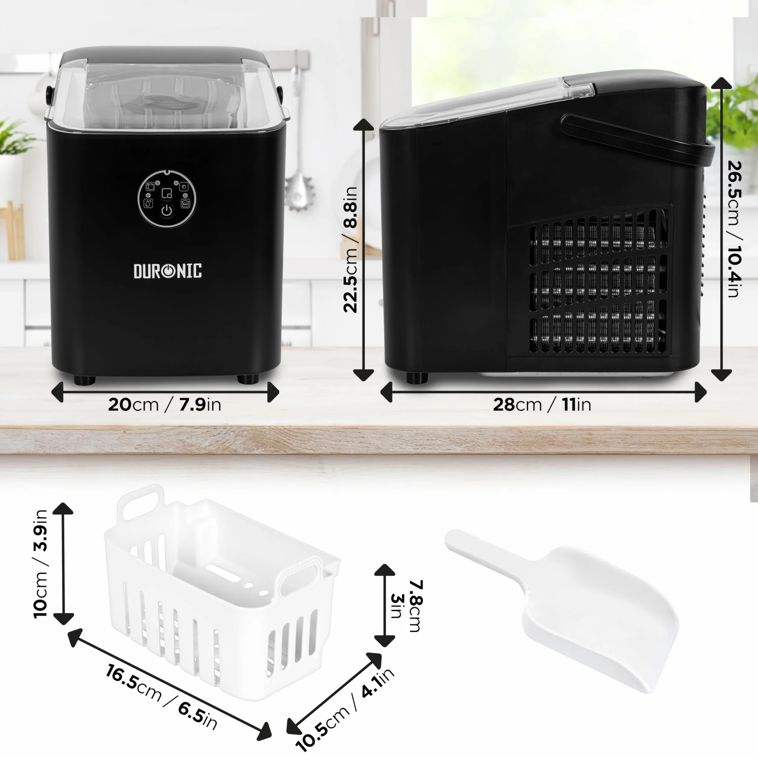 Duronic ICM12 BK Kostkarka do lodu elektryczna 120W | 8 kostek w 6 do 8 minut | Kosz o pojemności 1 litra i szpatułka | Zbiornik 1 litr | Lód do zimnych napojów i koktajli | przezroczysta pokrywka