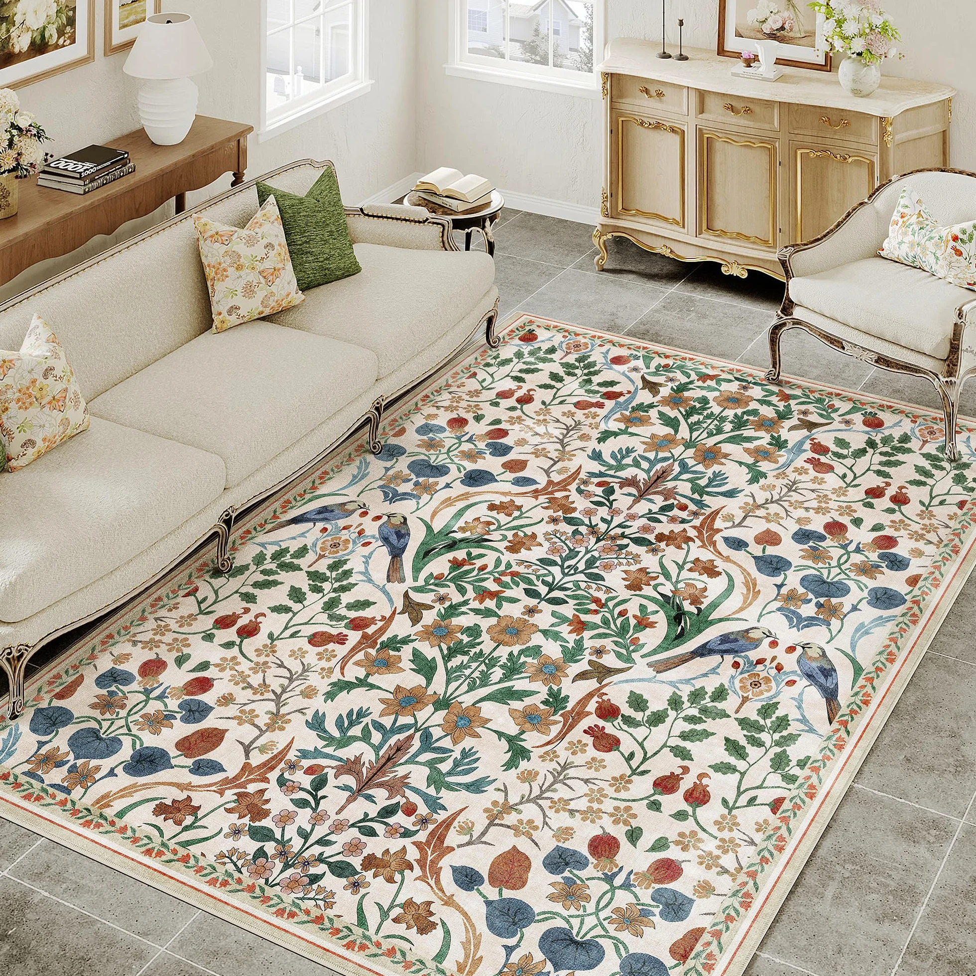 PureCozy Zmywalny dywan do salonu, 160 x 230 cm, antypoślizgowy, kwiatowy, vintage, do pokoju zabaw, miękki, niskie runo, odporny na plamy, dywan do przedpokoju, sypialni, kuchni, biura, beżowy