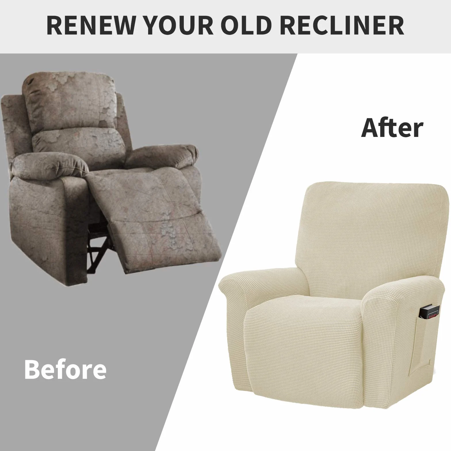 ELEOPTION Recliner pokrowiec na sofę, rozciągliwy pokrowiec na fotel wypoczynkowy, spandex żakard 4-częściowy beżowy