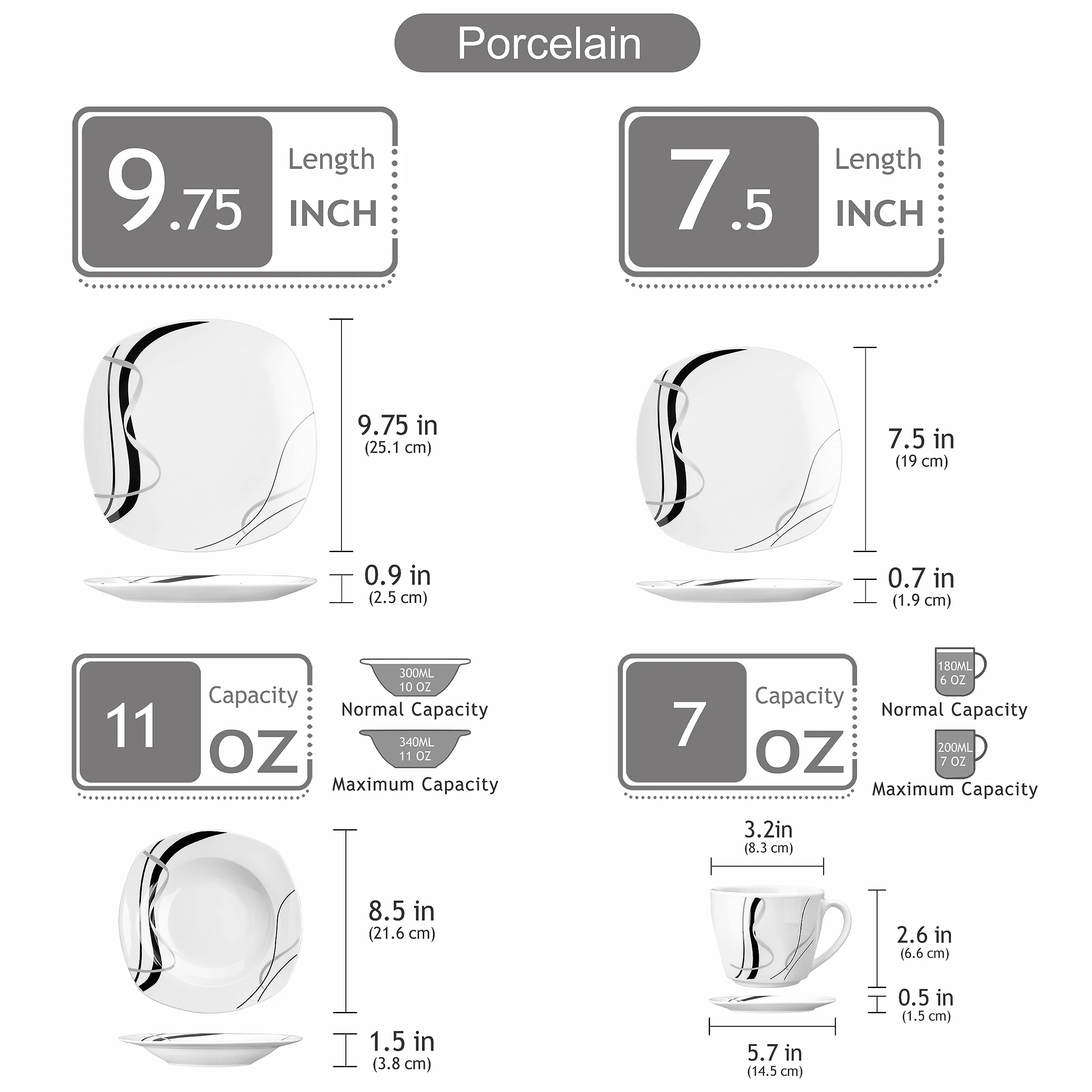 VEWEET „Fiona” 60-częściowy porcelanowy serwis stołowy kombi, filiżanki do kawy o pojemności 175 ml, spodki, talerze deserowe, talerze obiadowe i talerze do zupy, pełny serwis dla 12 osób