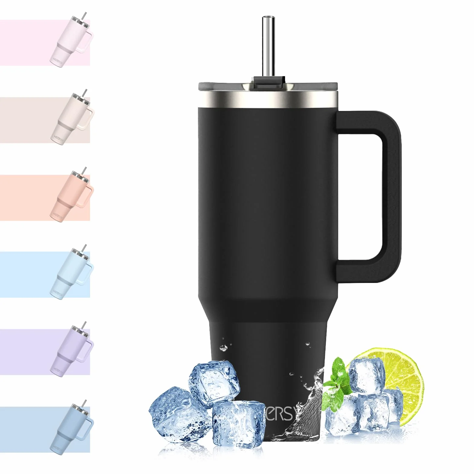 WATERSY Kubek podróżny, kubek do kawy, 1,134 ml, pokrywka ze słomką i uchwyt, stal nierdzewna, podwójna ścianka, izolowana próżniowo, butelka na wodę do zimnej gorącej kawy, 1182 ml, czarny