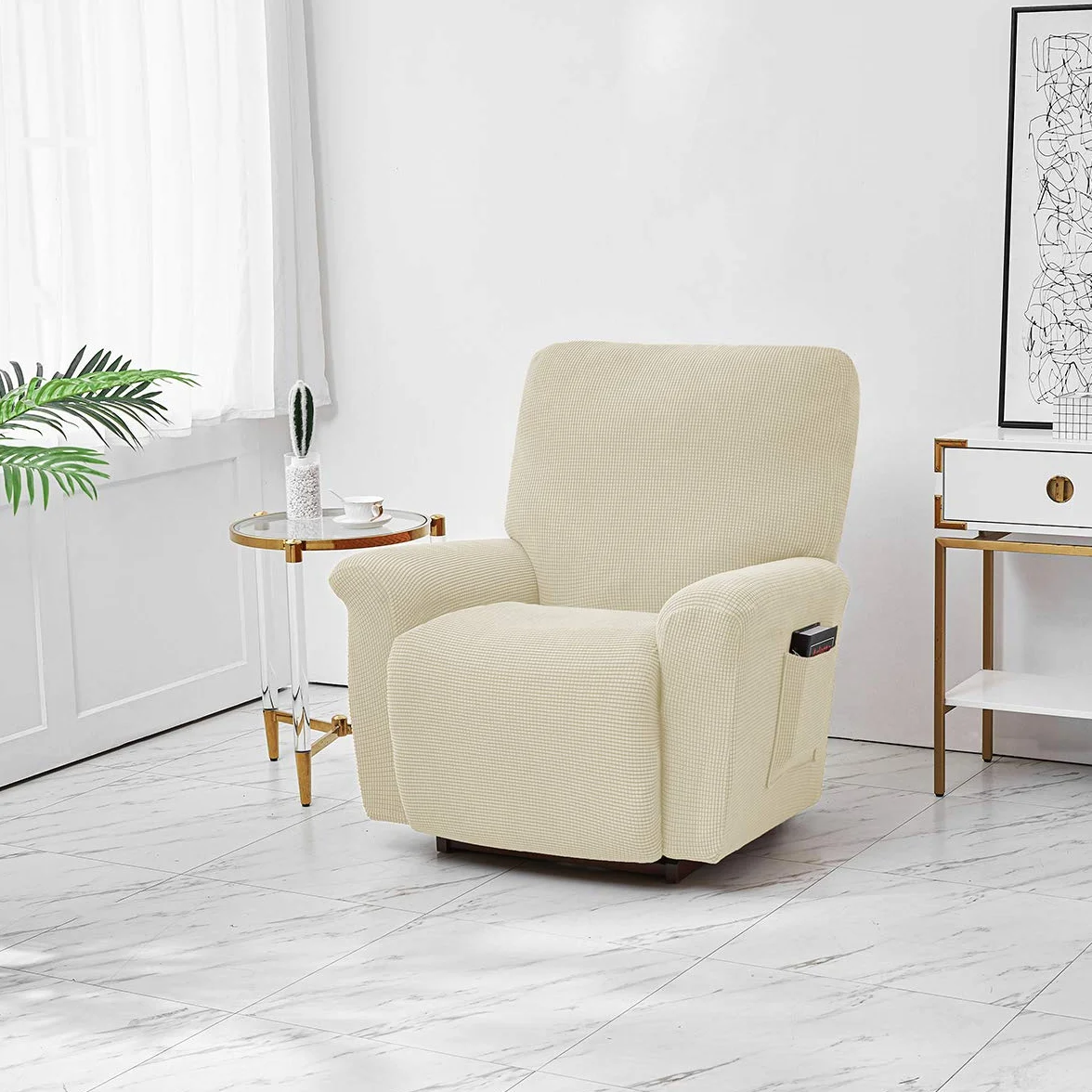 ELEOPTION Recliner pokrowiec na sofę, rozciągliwy pokrowiec na fotel wypoczynkowy, spandex żakard 4-częściowy beżowy