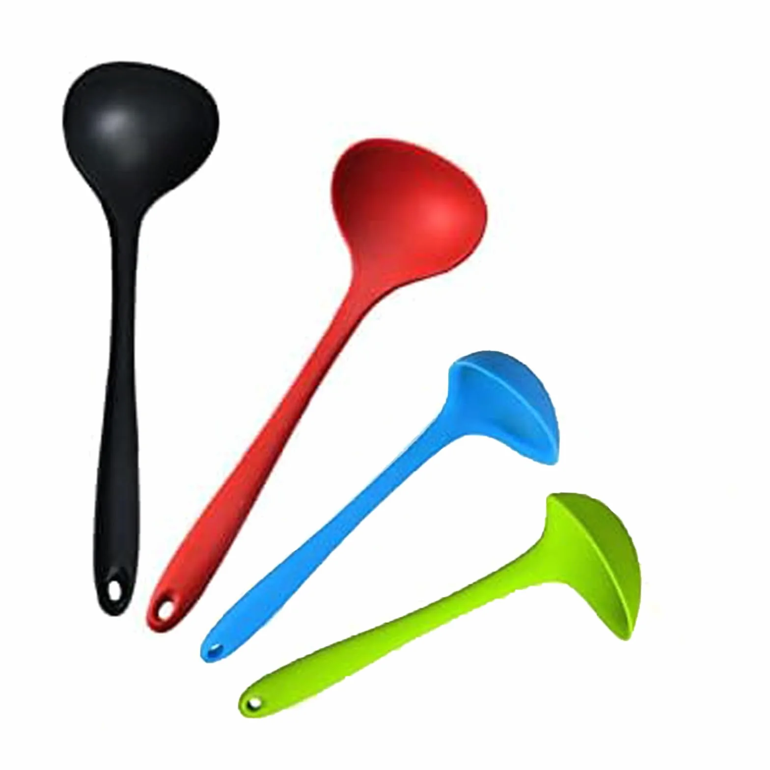Chochle do zupy, 4 sztuki, silikonowe, z długą rączką, wielofunkcyjna, silikonowa chochla z okrągłym otworem do zawieszania (czerwona, czarna, zielona, niebieska)