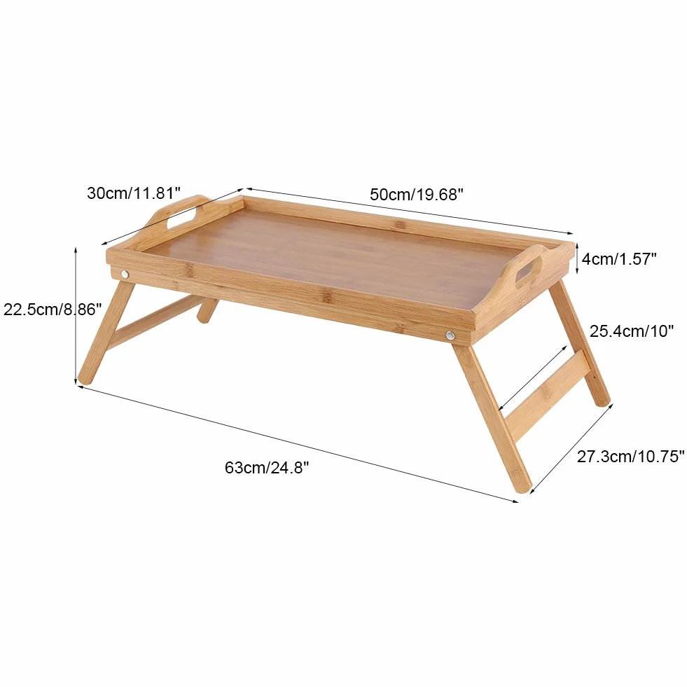 Taca na łóżko z drewna bambusowego, ze składanymi uchwytami i nogami, podwyższona krawędź, taca śniadaniowa Stolik śniadaniowy, 63 x 27,3 x 22,5 cm