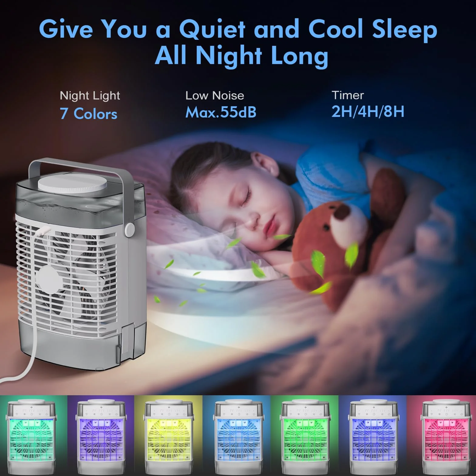 Przenośny klimatyzator, klimatyzator 3 w 1, osobisty mini klimatyzator ze zbiornikiem wody 1000 ml, timer 2/4/6h, mały wentylator chłodzący ładowany przez USB (adapter 5 V 2 A) do
