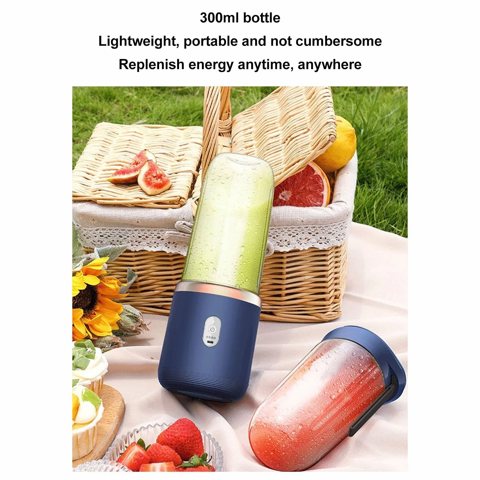 Przenośny Blender 300 Ml z butelką, ładowany Przez USB Pojemnik na sokowirówkę Mini Blender Mikser do Koktajli Owocowych i Koktajli, Osobisty Blender Ręczny Blender Przenośny Sokow