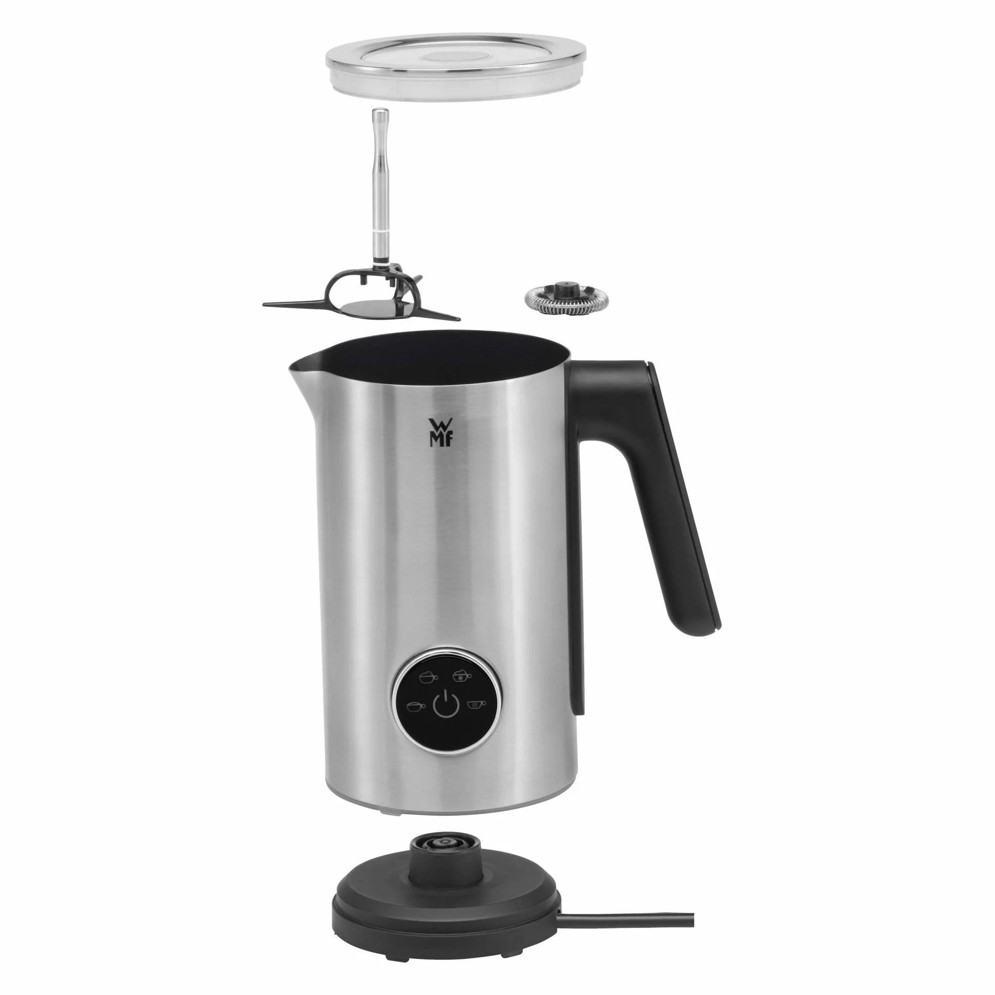 WMF Lumero elektryczny spieniacz do mleka, 100-250 ml, dotykowy wyświetlacz, światło LED, 500 W, do spieniania mleka na gorąco i zimno, gorące mleko, podgrzewacz do mleka, stal nierdzewna matowa