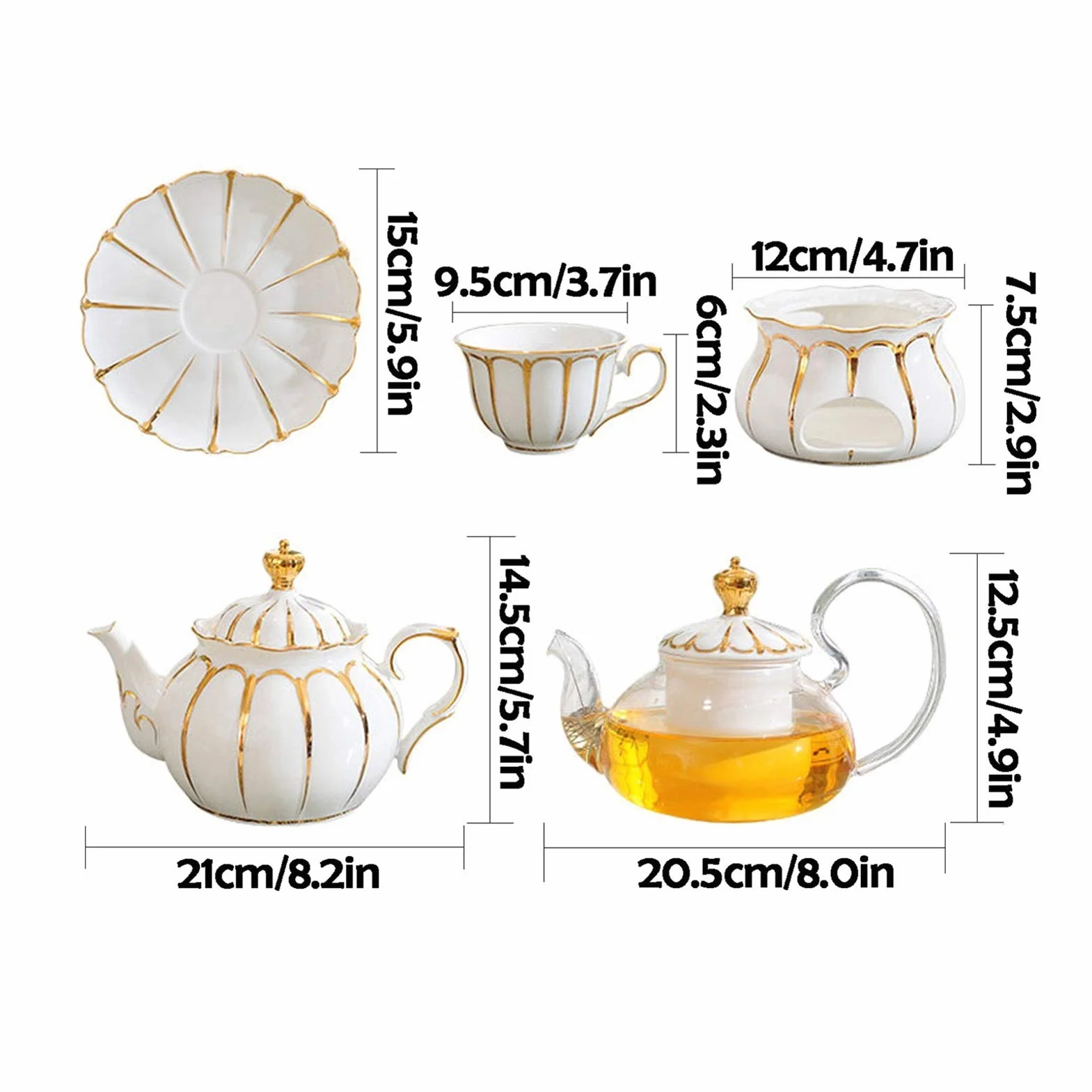 Tea Sets for Adults Popołudniowy zestaw herbaty, w tym filiżanki herbaty i spodek metalowy uchwyt na kubek i ekspres do herbaty z ceramiczną podstawą podgrzewacza nadaje się do kawy i herbaty owocowej