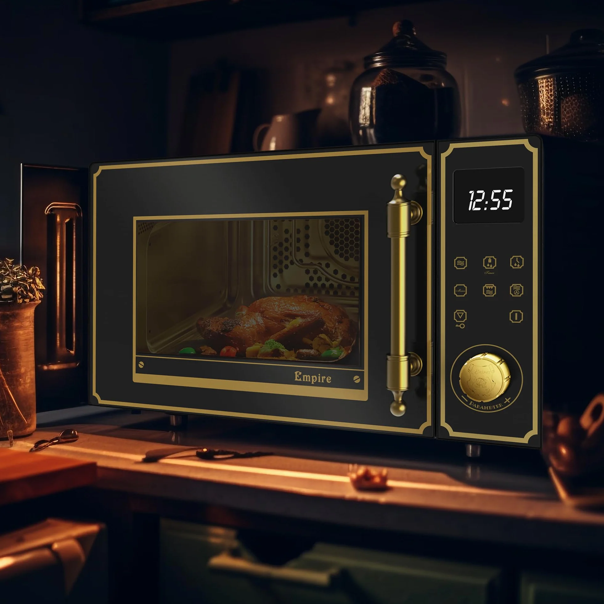 Kaiser Empire M 2530 Em Retro kuchenka mikrofalowa w kolorze czarnym | 25 l | grill 1200 W | gorące powietrze 2200 W | obsługa FullTouch z pokrętłem obrotowym | szklany front | uchwyt drzwi z