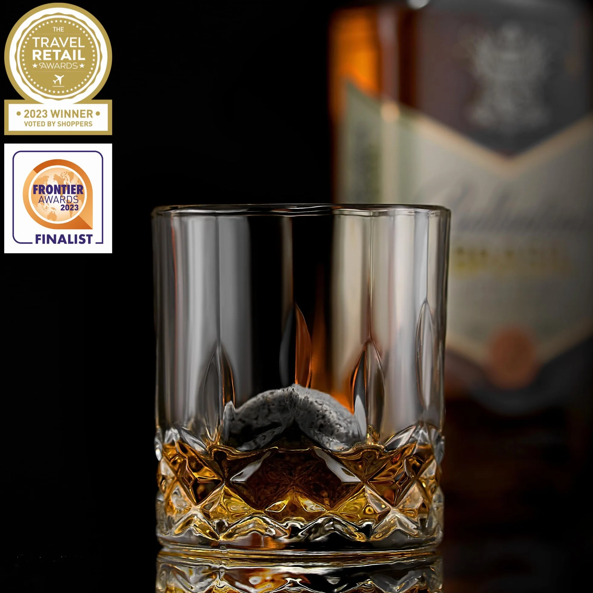 R.O.C.K.S. Kamienie chłodzące do whisky – 6 ręcznie wyprodukowanych okrągłych kamyczków – 2 kryształowe kieliszki – etui do prezentacji i do przechowywania – elegancka złota folia, pudełko upominkowe