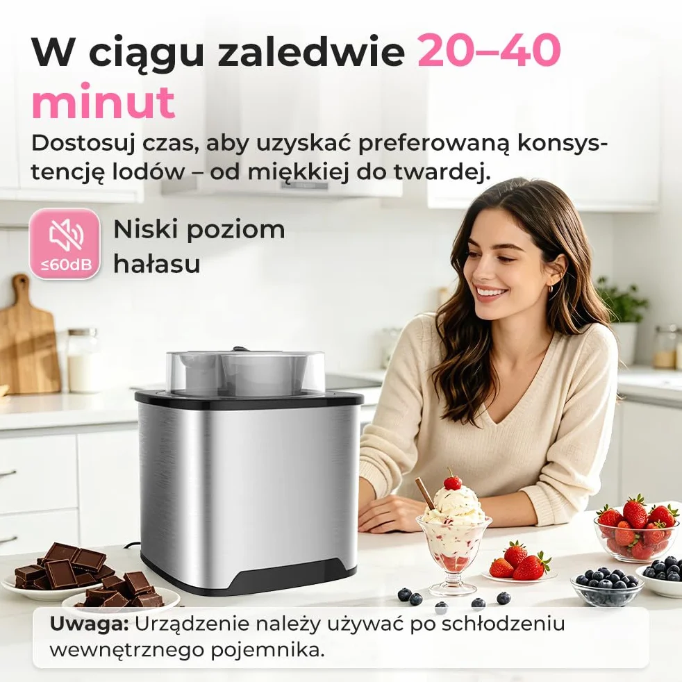 Maszyna do Lodów Miękkich 2L, Stal Nierdzewna z Pokrywką, Zawiera Książkę Kucharską i łyżkę do Lodów, do Przygotowywania Lodów, Mrożonego Jogurtu i Sorbetu