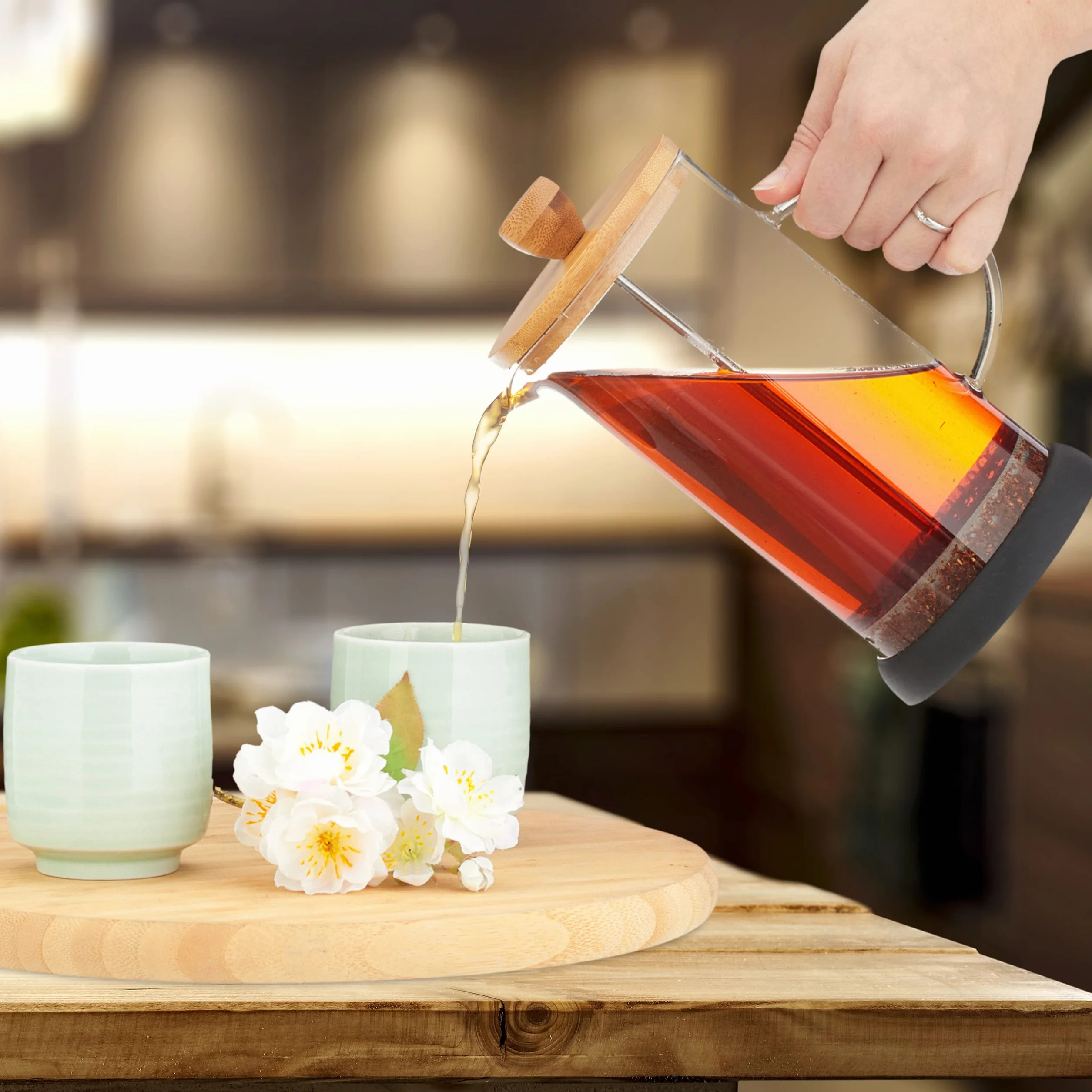Relaxdays Zaparzacz do kawy, ręczny dzbanek do stempli, wkład sitowy, 800 ml, szkło, pokrywka bambusowa, zaparzacz do herbaty, przezroczysty/naturalny