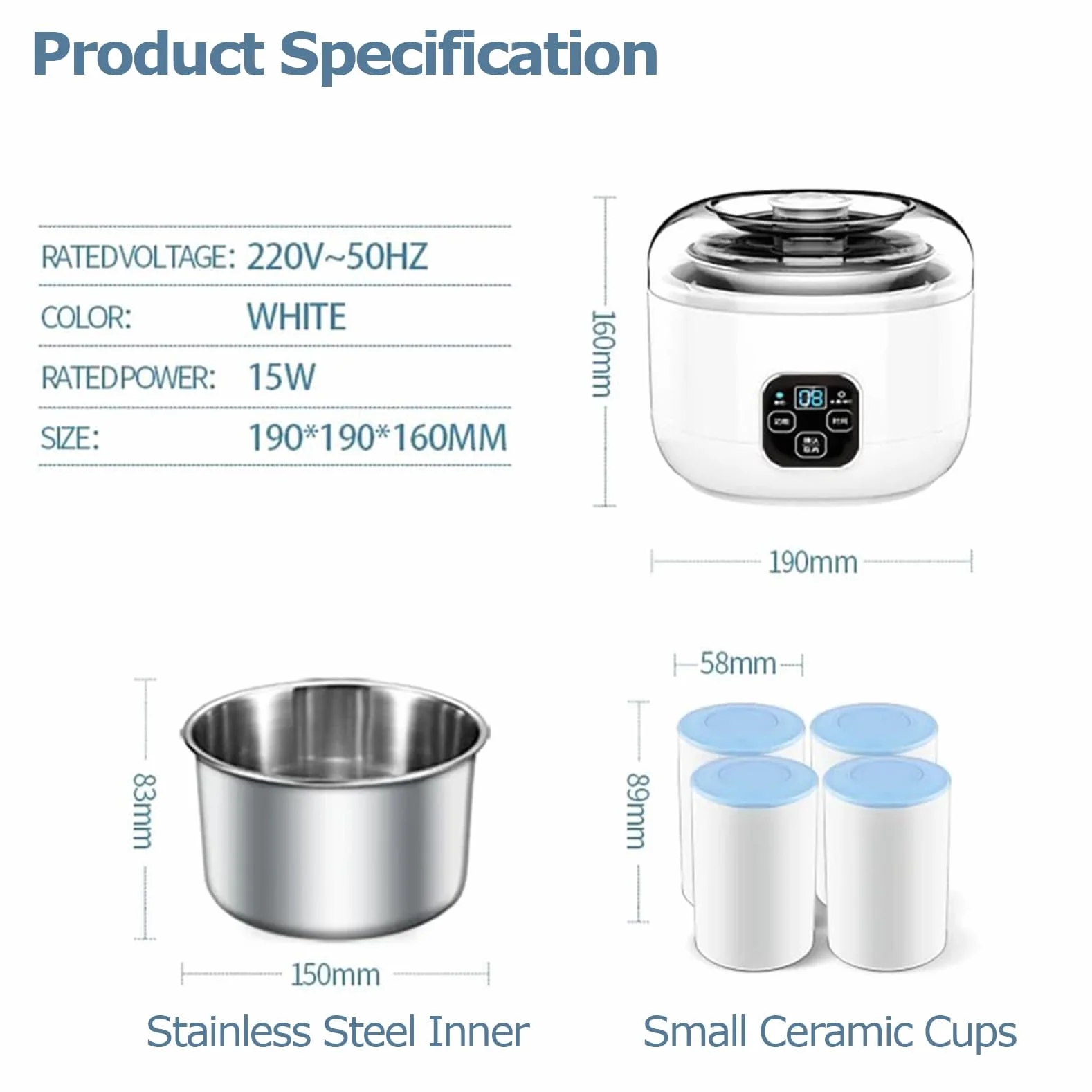 Urządzenie do robienia jogurtu 1000 ml z 4 ceramicznymi kubkami pomocniczymi, wyświetlaczem LED, regulowaną temperaturą i timerem, do przygotowywania organicznego jogurtu, Natto, zdrowych domowych des