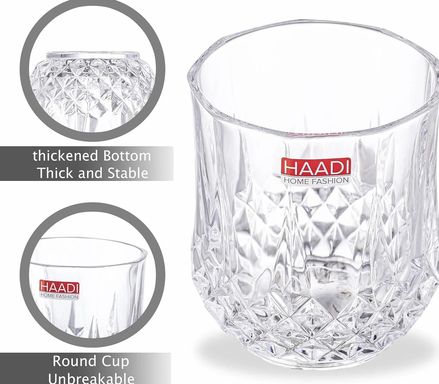 HAADI Zestaw 6 szklanek do picia, krystalicznie czysty kieliszek do wody, szklanki koktajlowe do wina, whisky, soku, ginu i innych napojów, 320 ml