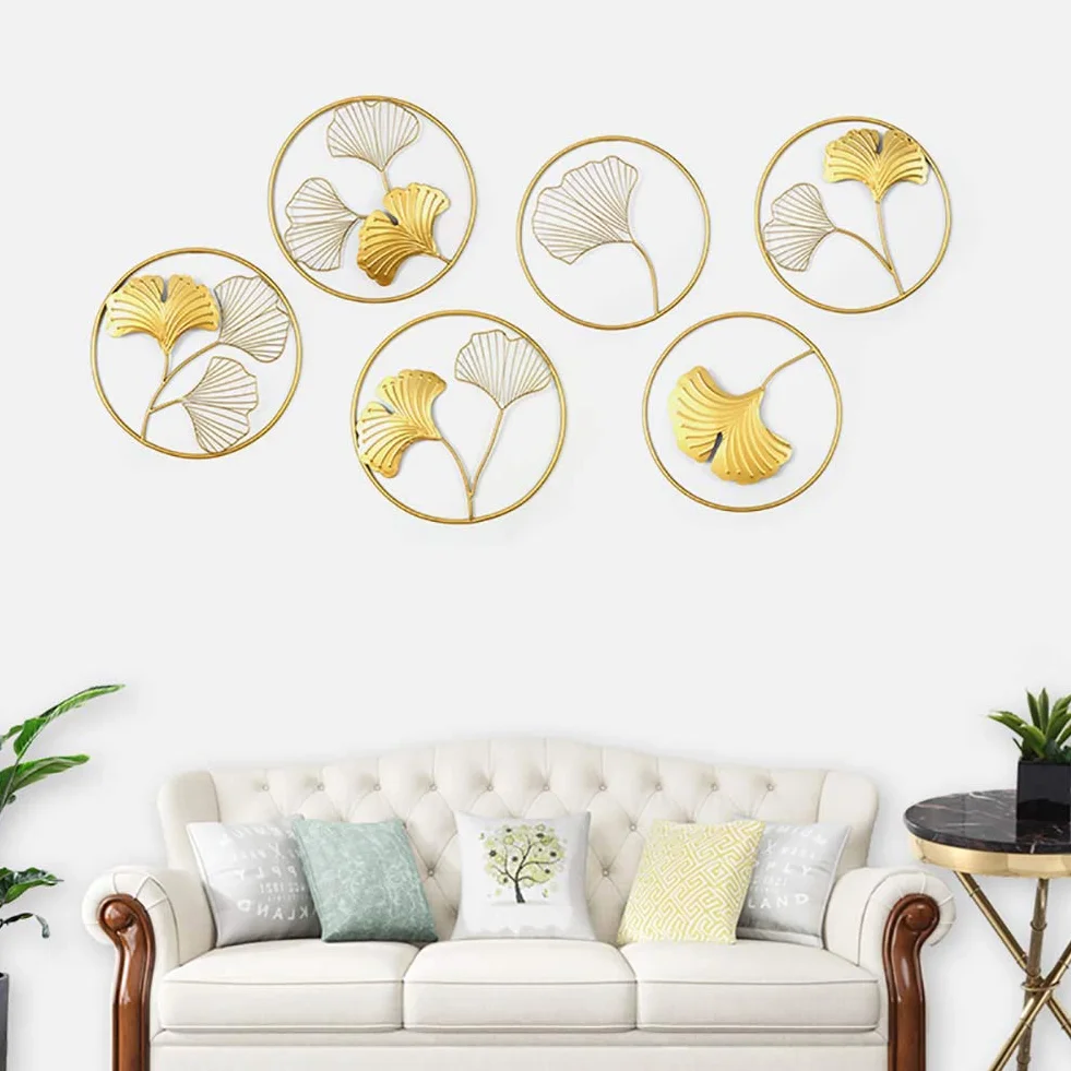 Jeden zestaw 3 sztuk Metalowy Wall Decor z okrągłym ramką, Golden Ginkgo Liście Rzeźba Artwork, Metal Wall Art Decor Dekoracje w domu