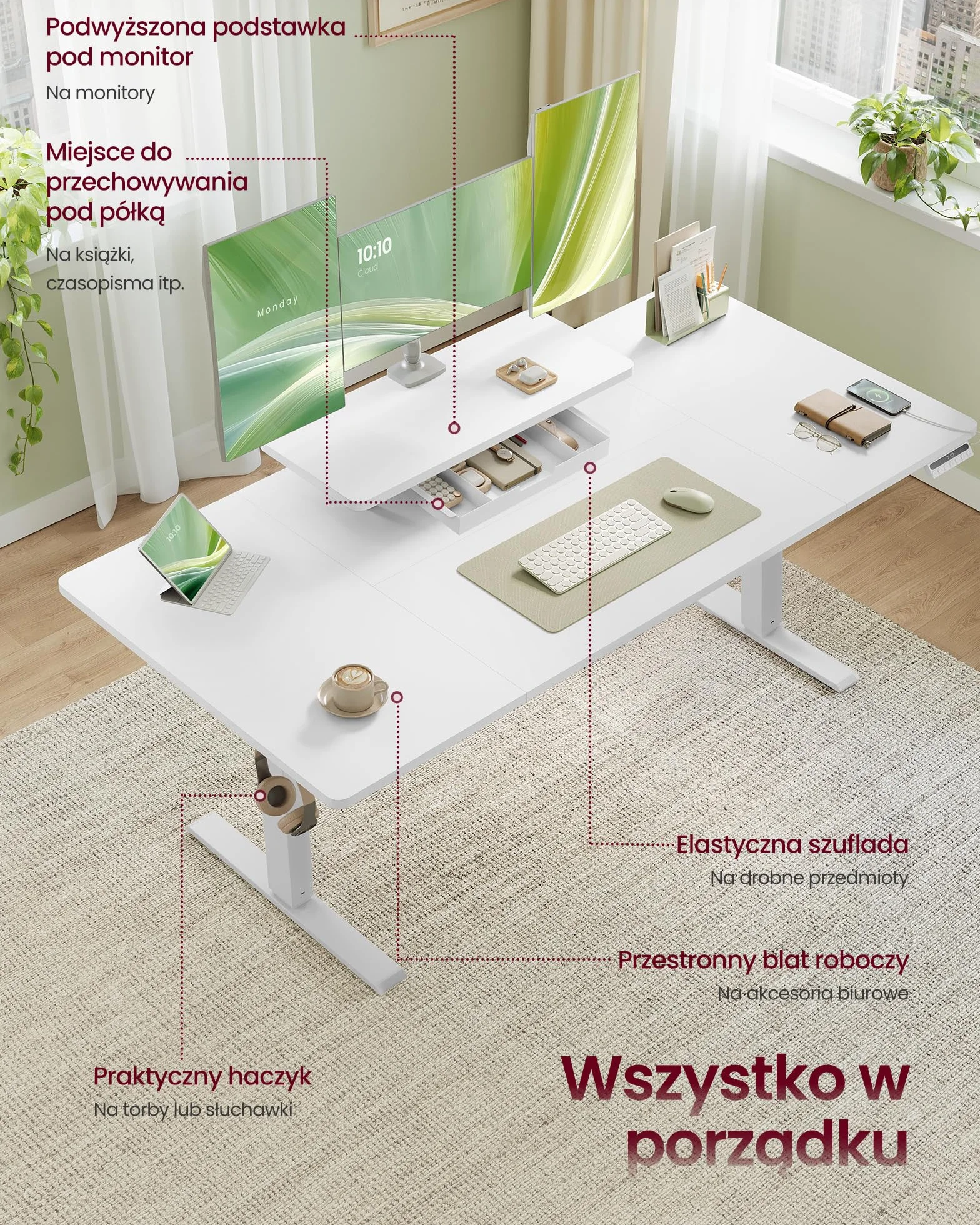 VASAGLE Biurko z elektryczną regulacją wysokości, 140 x 70 cm, elastyczny uchwyt na monitor, szuflada, port USB-C, funkcja przypominania o siedzącym trybie życia, do biura domowego, biały LSD154WB01