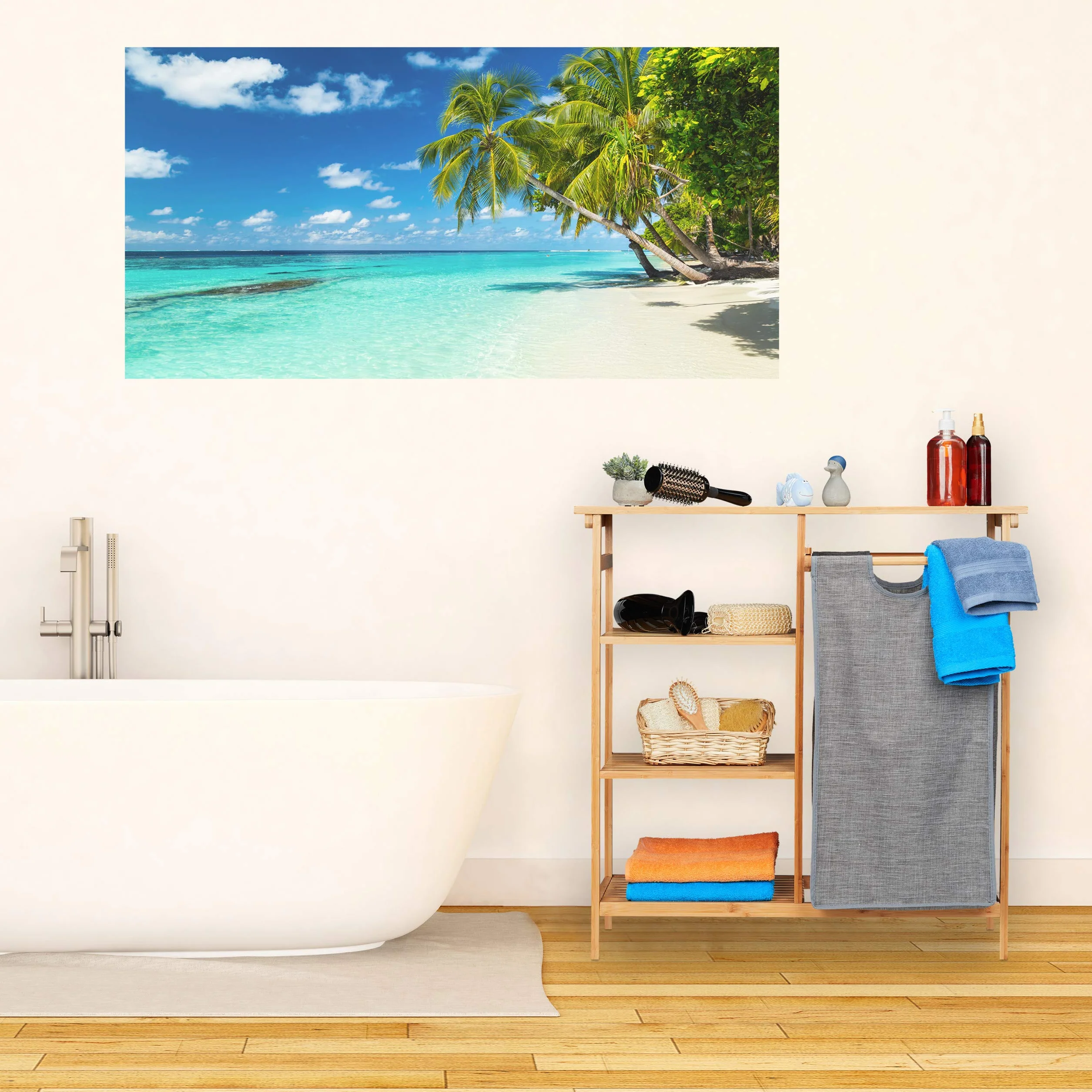 Relaxdays Półka łazienkowa z koszem na pranie, bambus, 4 półki, wyjmowany kosz na pranie, HBT: 80,5 x 80 x 33,5 cm, naturalny/szary
