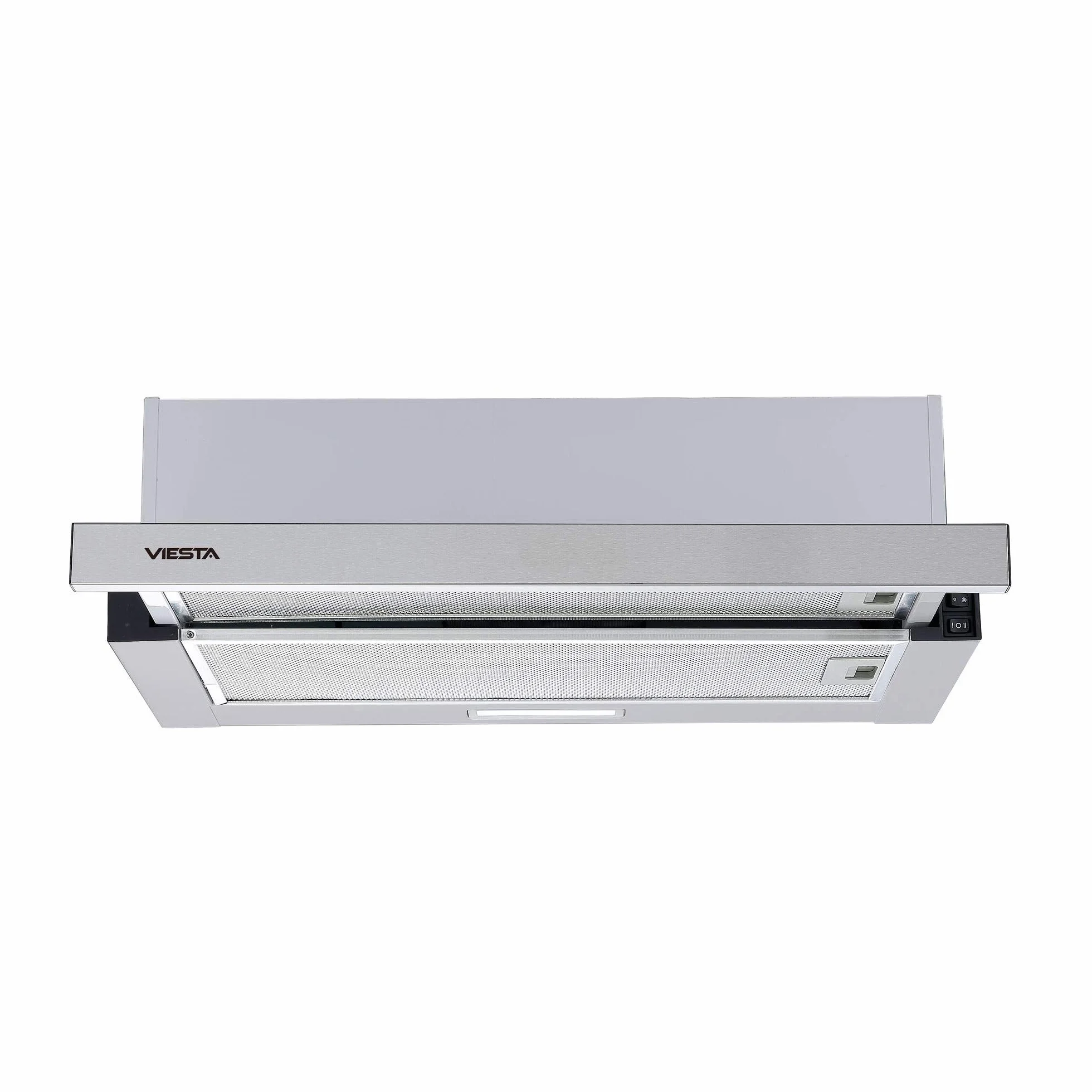 VIESTA VDE6065SR okap kuchenny, 60 cm, płaski okap kuchenny, do zabudowy, wysuwany, stal nierdzewna, powietrze wylotowe/obieg (filtr z węglem aktywnym) 333,8 m³/h, 59-64 dB, klasa energetyczna B